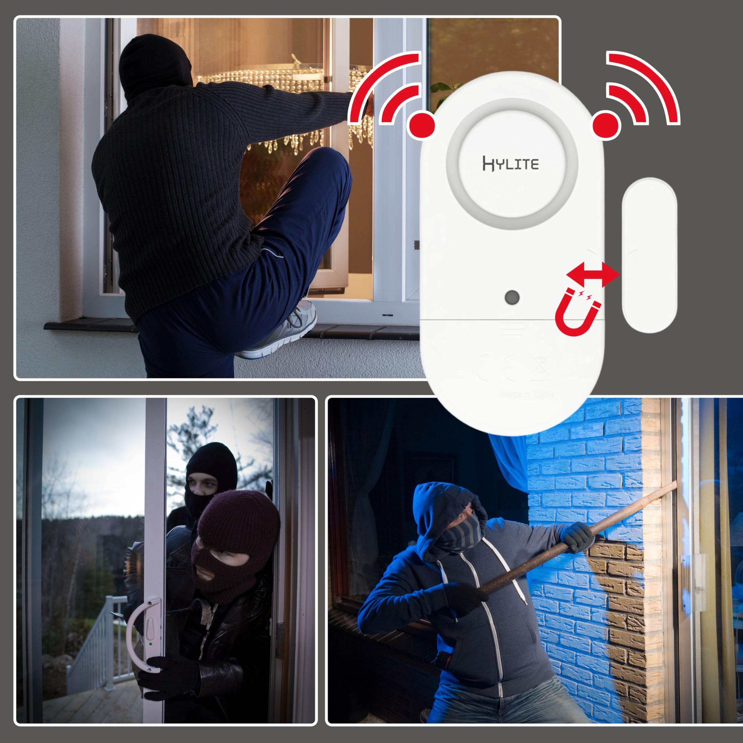 HYLITE Alarm Magnetyczny Drzwi Okno 2-Pack – 125dB Alarma lub Ding-Dong, Montaż Klejowy bez Wiercenia, Bateryjny Standalone, Biały