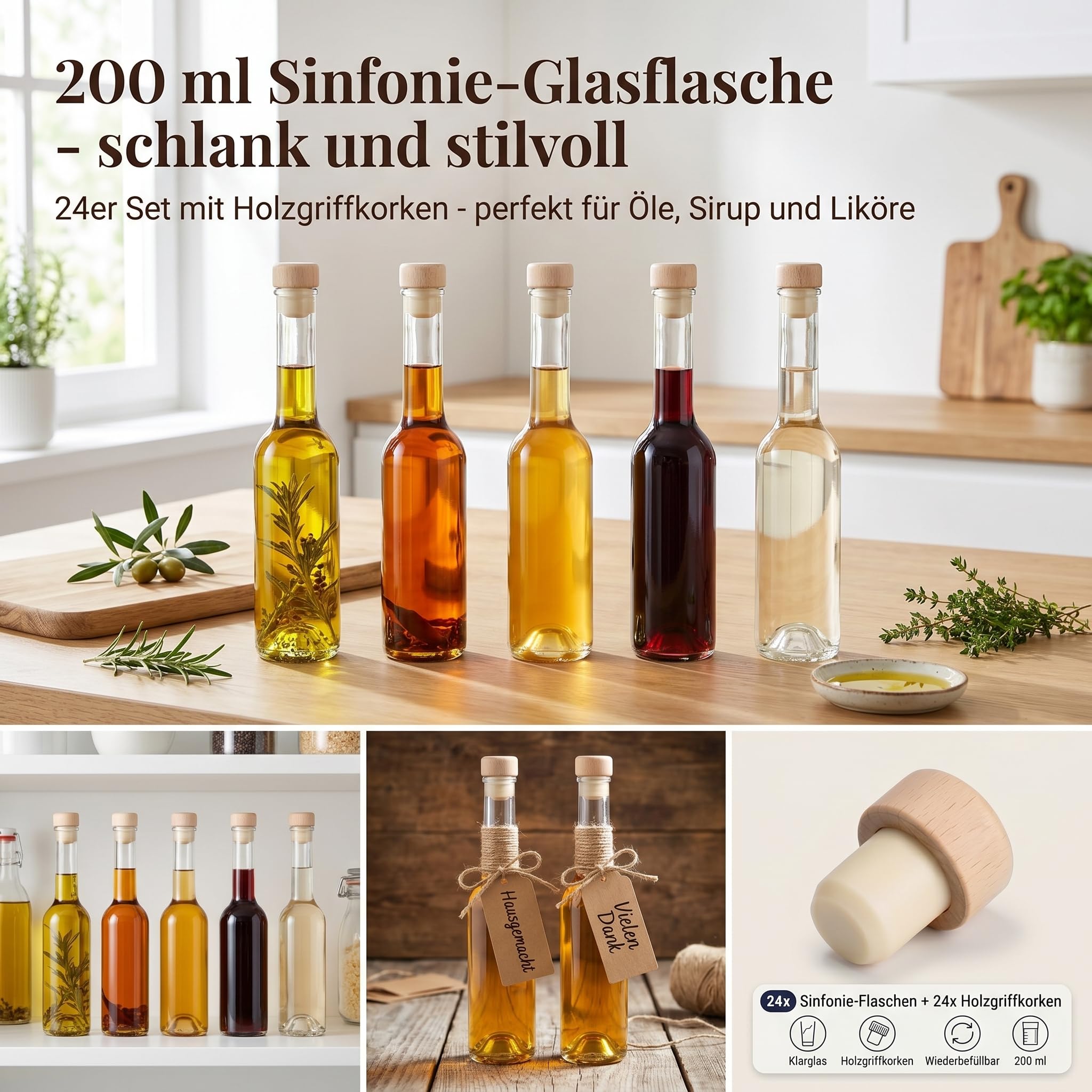 gouveo Set da 24 bottiglie in vetro Sinfonie (0,20 l) con tappo in sughero con pomello in legno bottigliette trasparenti per liquore sciroppo olio aceto decorazione (SIF200HGK)