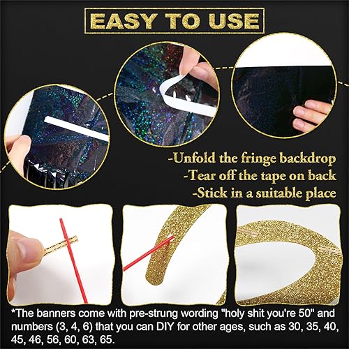 Miniatura 3 de Qttier Holy You're 50 Banner y cortina de flecos de papel de aluminio negro, cartel de 50 cumpleaños pre-encordado con números reemplazables para