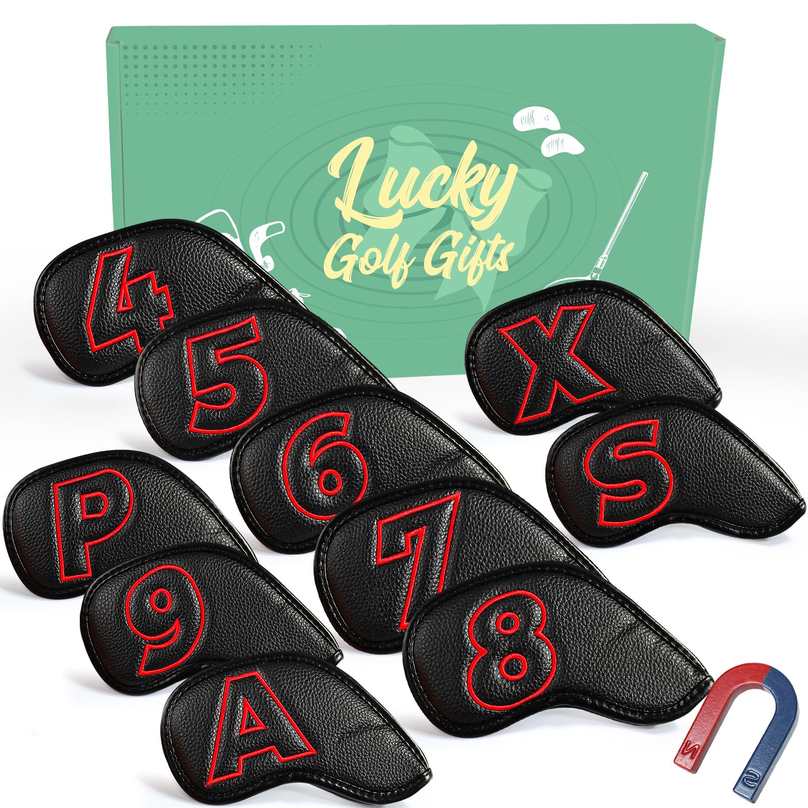 Golf Iron Headcovers Synthetic Leather Magnetic Closure 10 Pcs, Golf Club Head Covers Double Side Number Lightweight Protection, Fit All Brands Available Set for Sport Outdoor (Red)