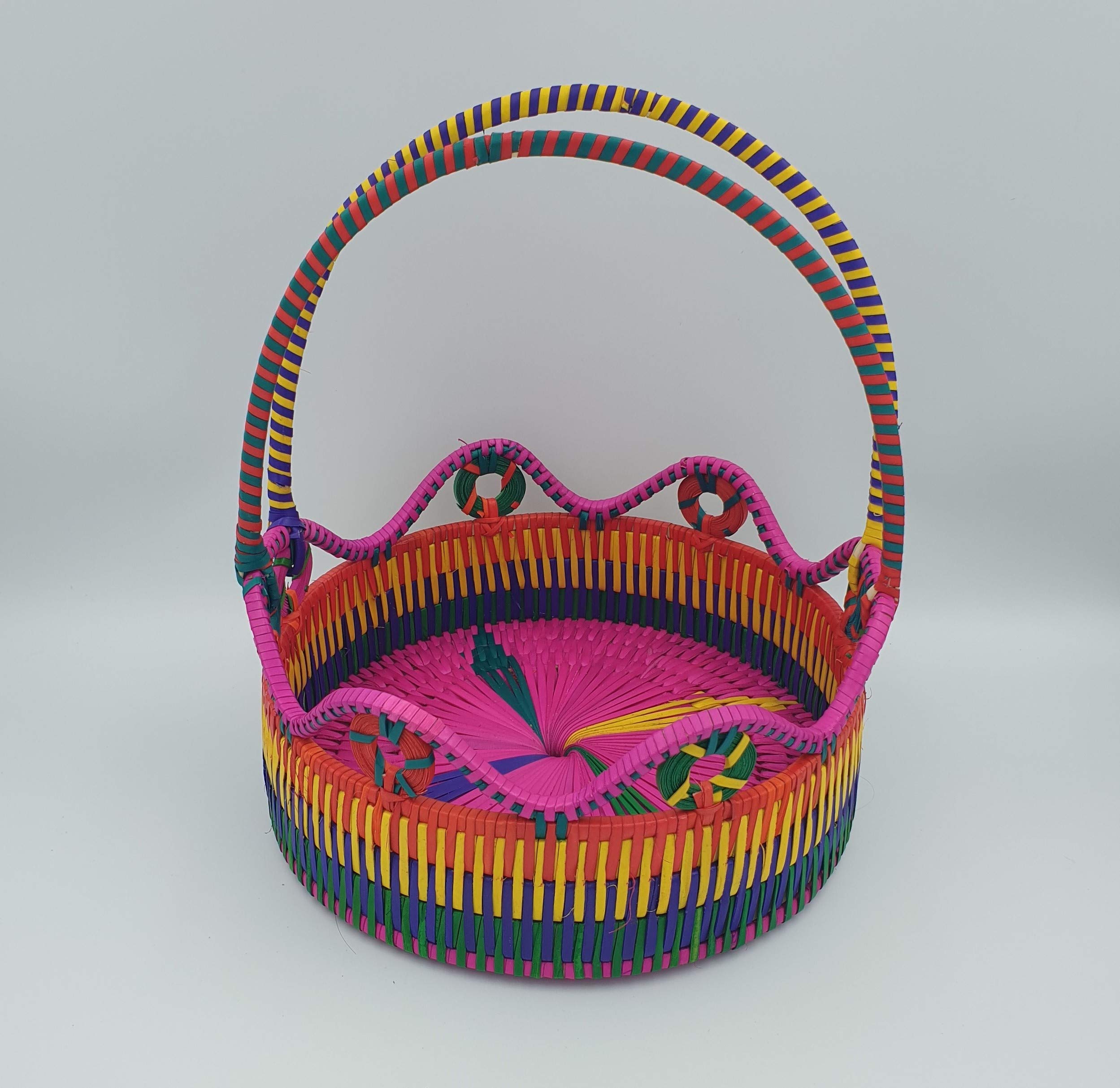 Hand Woven Palm Leaf Pooja/Flower Basket 1 No (Multi Colour-Small)-image-38
