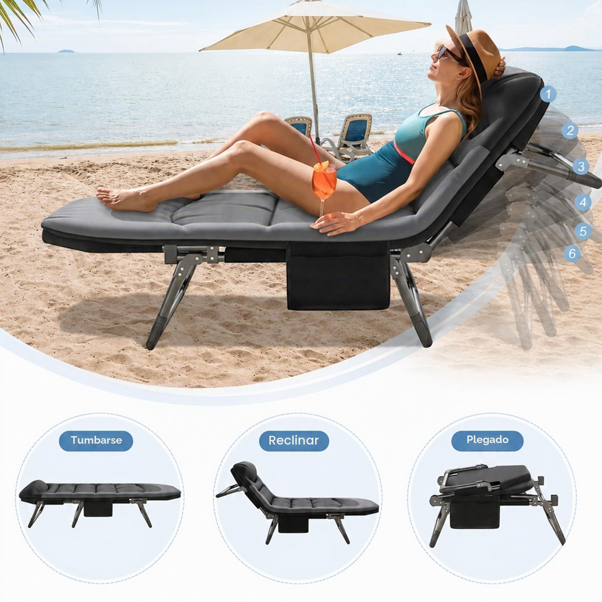 Cama de Camping Plegable XXL 150KG Cargable, 190 x 65 x 30 cm, Tumbona de Camping, Tela Oxford con Bolsillo Lateral, Cama Portatil con Bolsillo Lateral para Playa Exterior Viajes (Negro)