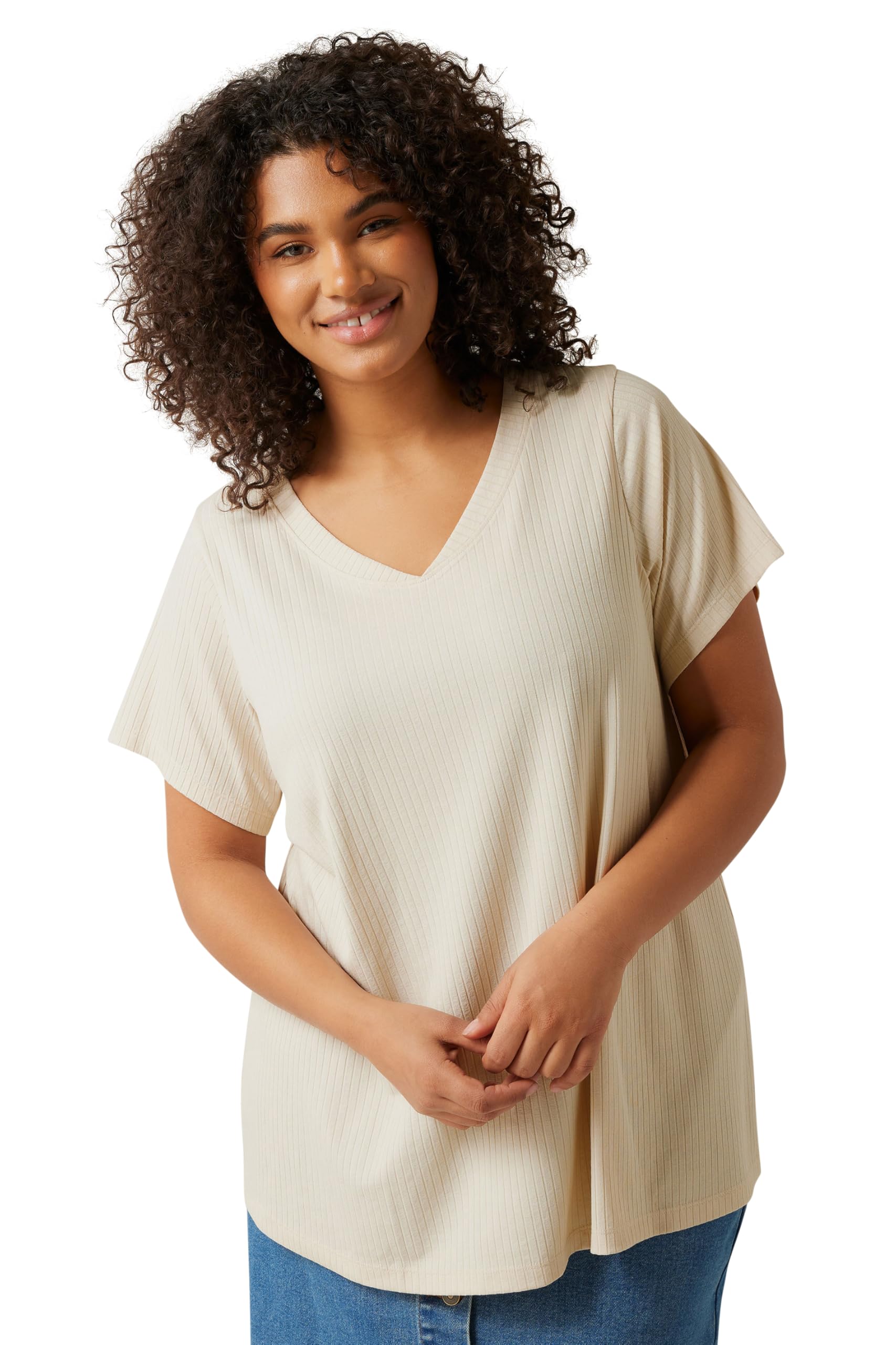 EVANS Curve Premium Ribbed Modal Blend T-Shirt - Women's - Plus Size Curve Cream