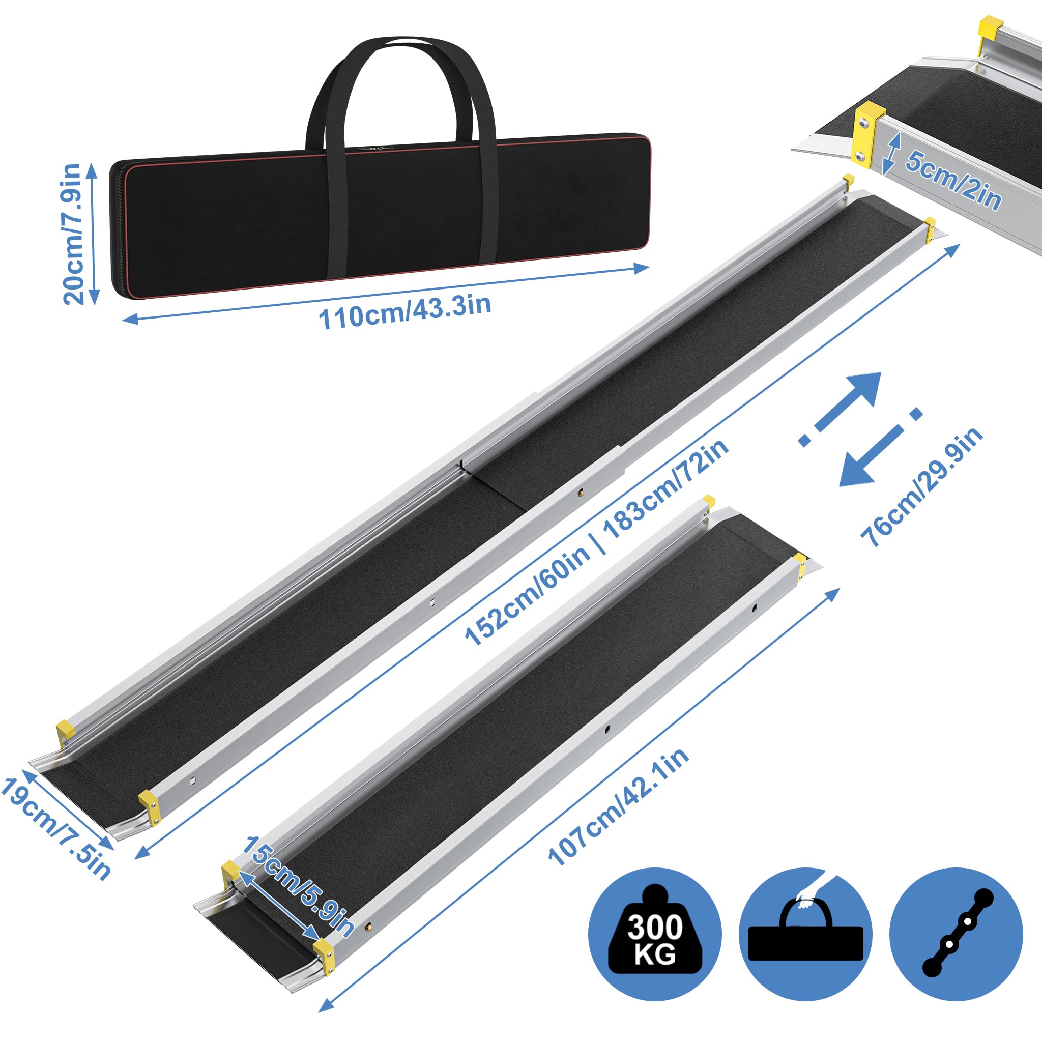 FIVMEN 2 inclinaciones telescópicas para silla de ruedas, 107-183 cm, pendiente de aluminio, silla de ruedas, capacidad de carga de 300 kg, inclinación telescópica, rampa, rampa de carga, ajustable,