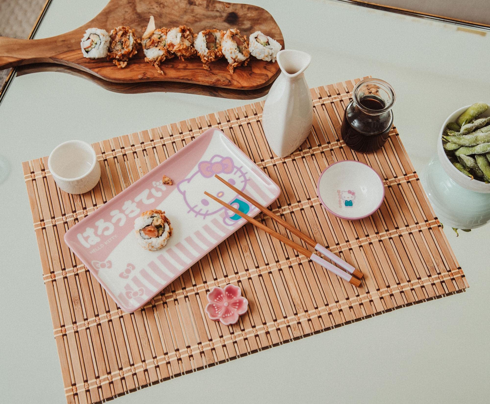 Sanrio Hello Kitty Pink 3-Piece Ceramic Sushi Plate Set With Soy Sauce Bowl and Wooden Chopsticks | Japanese Style Dinnerware