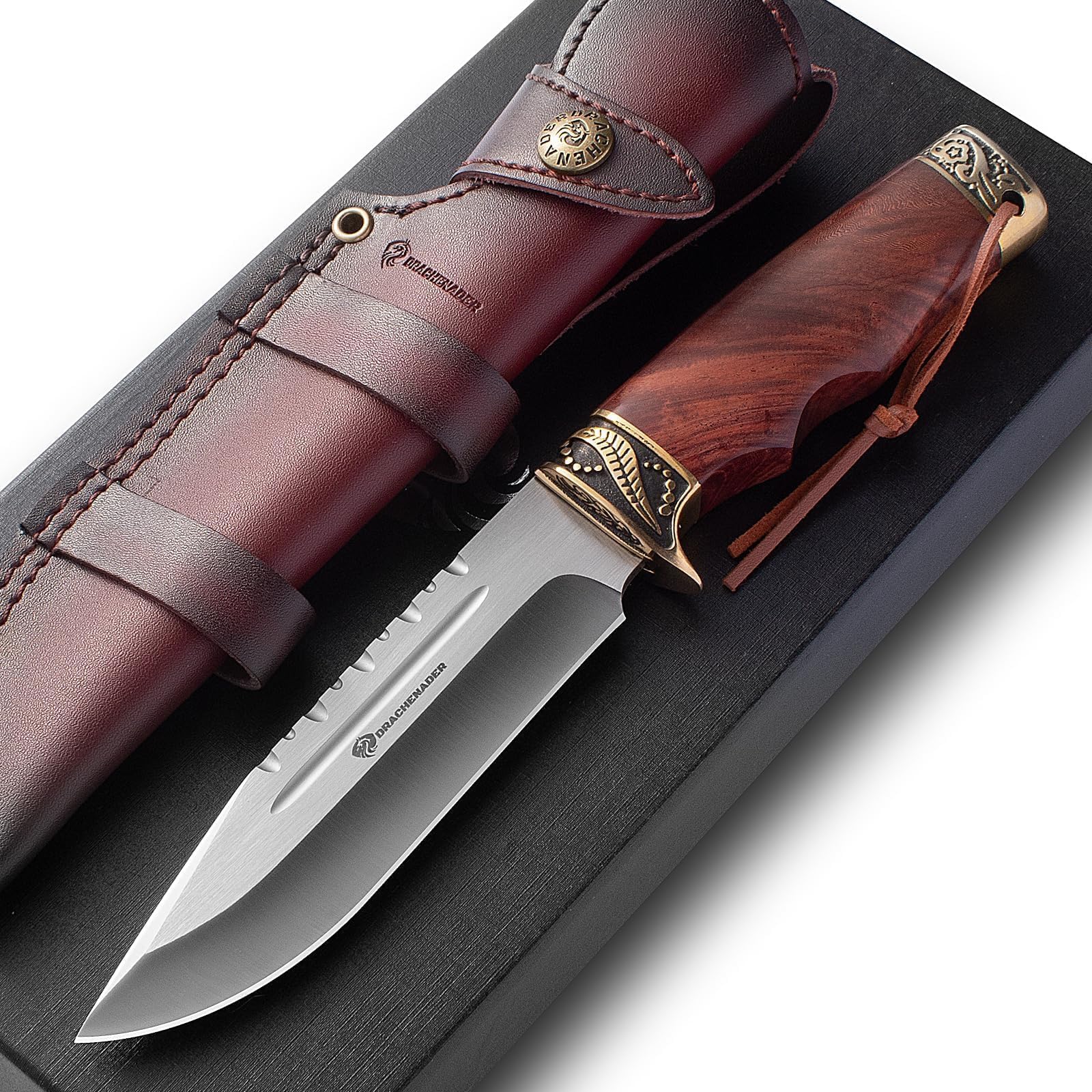DRACHENADER coltello da caccia lama fissa Yu - Ln, 14,7cm lunghezza lama cintura con fodero in pelle, acciaio 5Cr14moV, manico in legno, campeggio sopravvivenza all'aperto