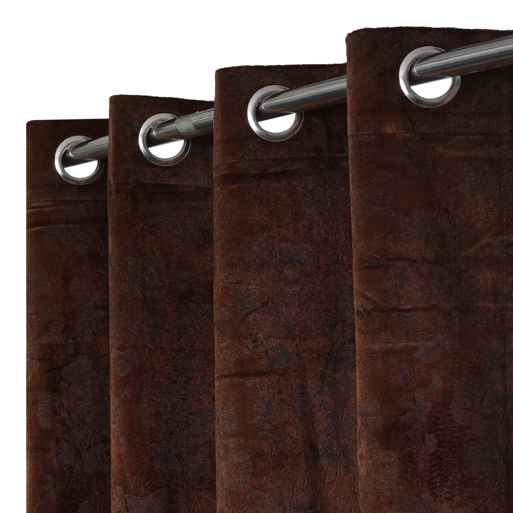 Keshav FabPolyester Velvet Curtain Drapes for Long Door 9Ft Pack of 2 | Floral Printed Curtains for Living Room Bedroom Hall | Eyelet Grommet Panels for Home and Office Decor, 4 x 9 Feet, Coffee