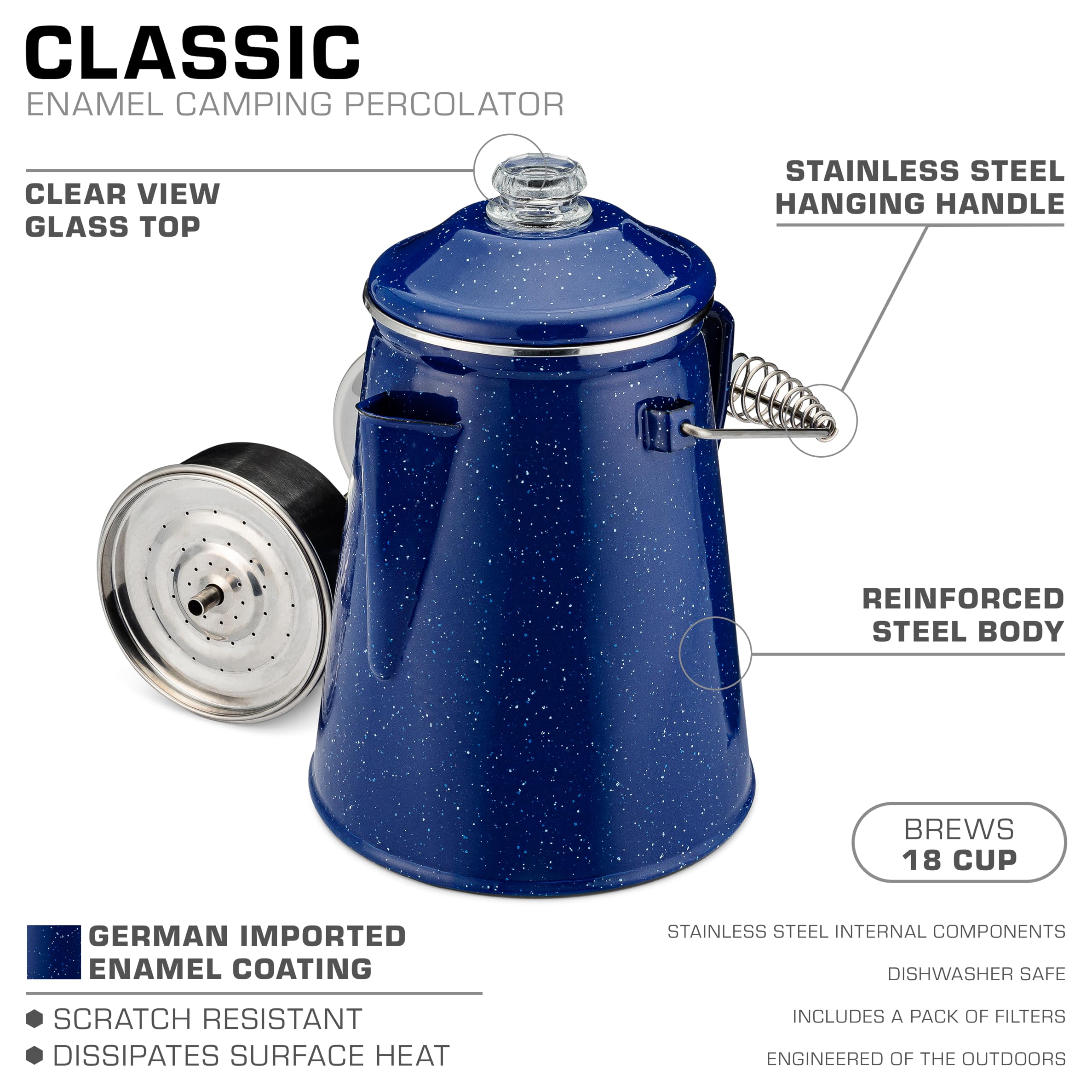 COLETTI Cafetera clásica esmaltada para acampar, 18 tazas, preparar café atrevido para todo el campamento, el mejor equipo de un maestro cervecero para un excelente café, percolador de fogata XL- azul