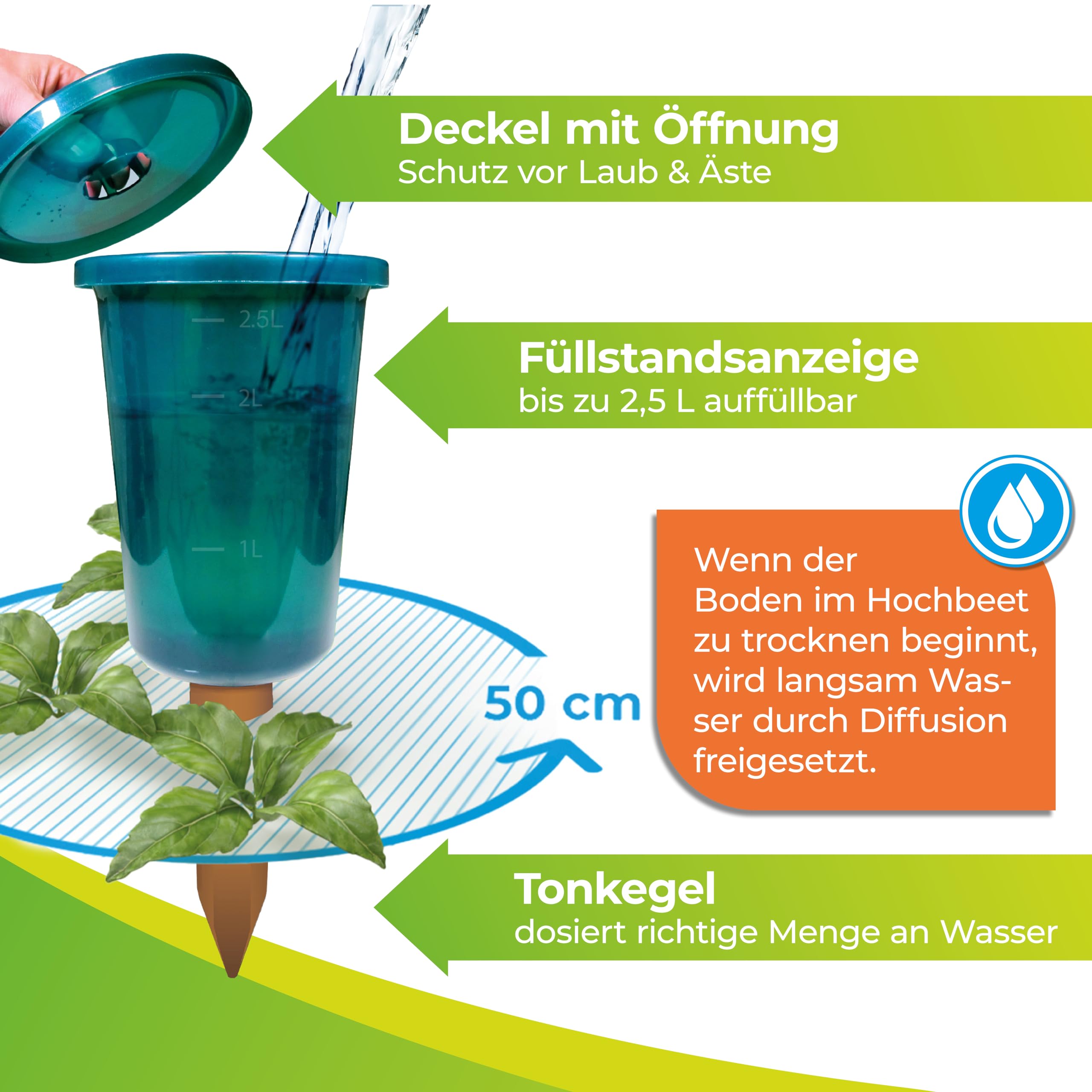 Bio Green 4er-Set Bewässerungssystem für Hochbeete Hydro Cup | konstante, gleichmäßige Wasserversorgung | verhindert Übergießen und Austrocknen | Set aus 4 Tonkegeln und 4 Becheraufsätzen | 2,5 Liter