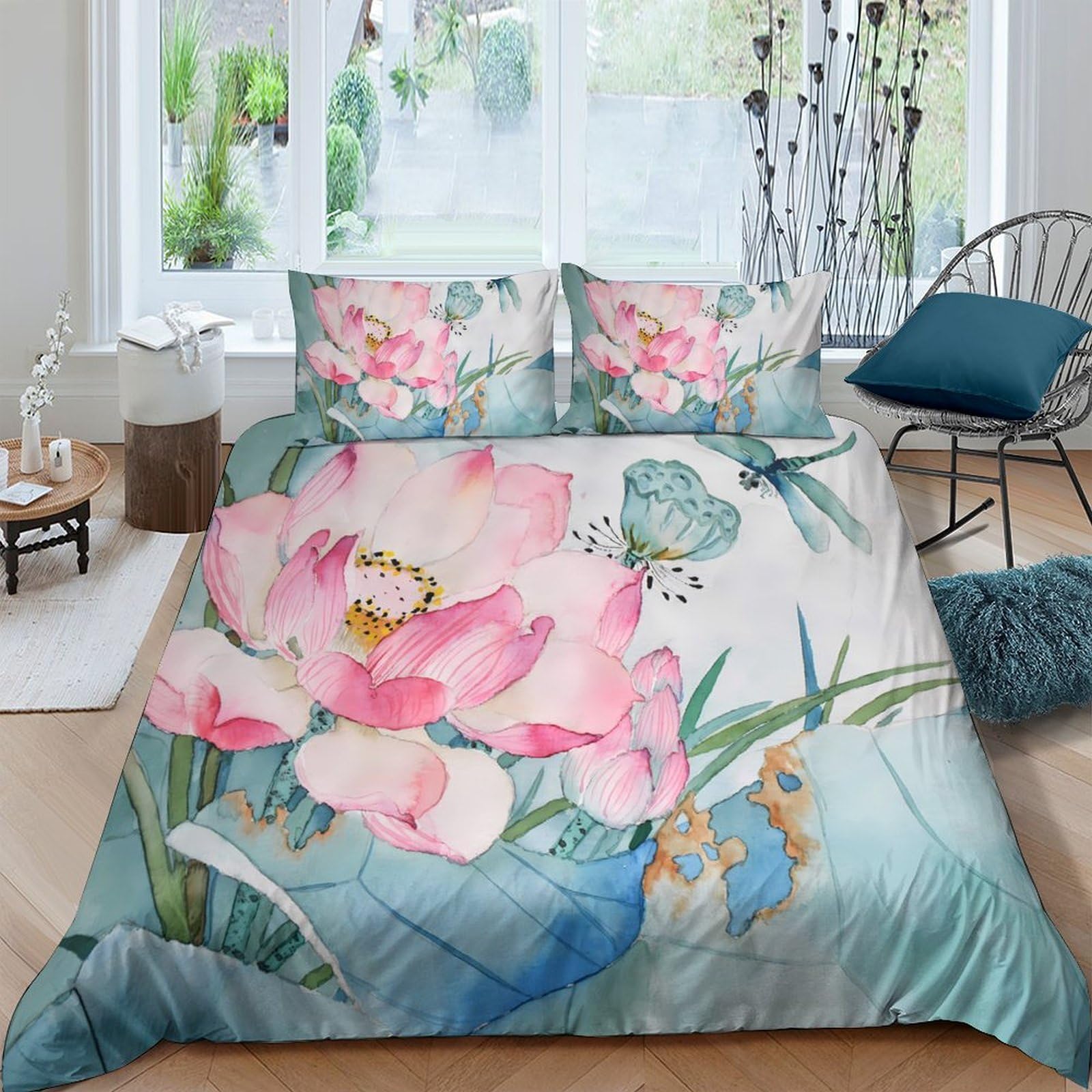 Ctjqhvkz Style-8 3D Printed Watercolor Lotus Fitted Sheet Microfiber Soft Blue Butterfly Mattress Cover Bedroom Decor Machine Washable Single（135X200cm）