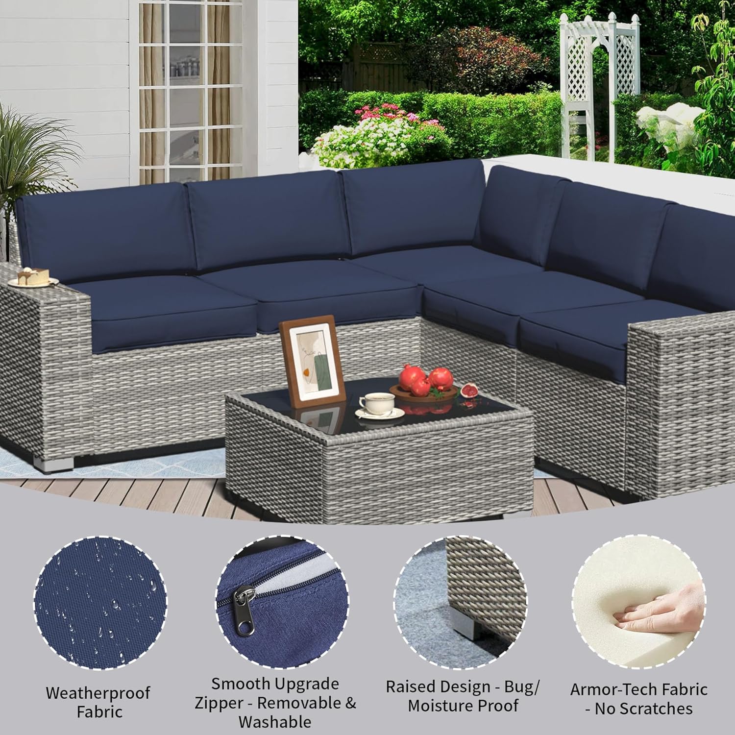 YLGJ&TIDY 6pc Outdoor Patio Furniture Set, PE Rattan Sectional Couch with Thick Waterproof Cushion, Tempered Glass Cafe Table, Wicker Conversation Sofa for Deck, Backyard, Poolside, Porch