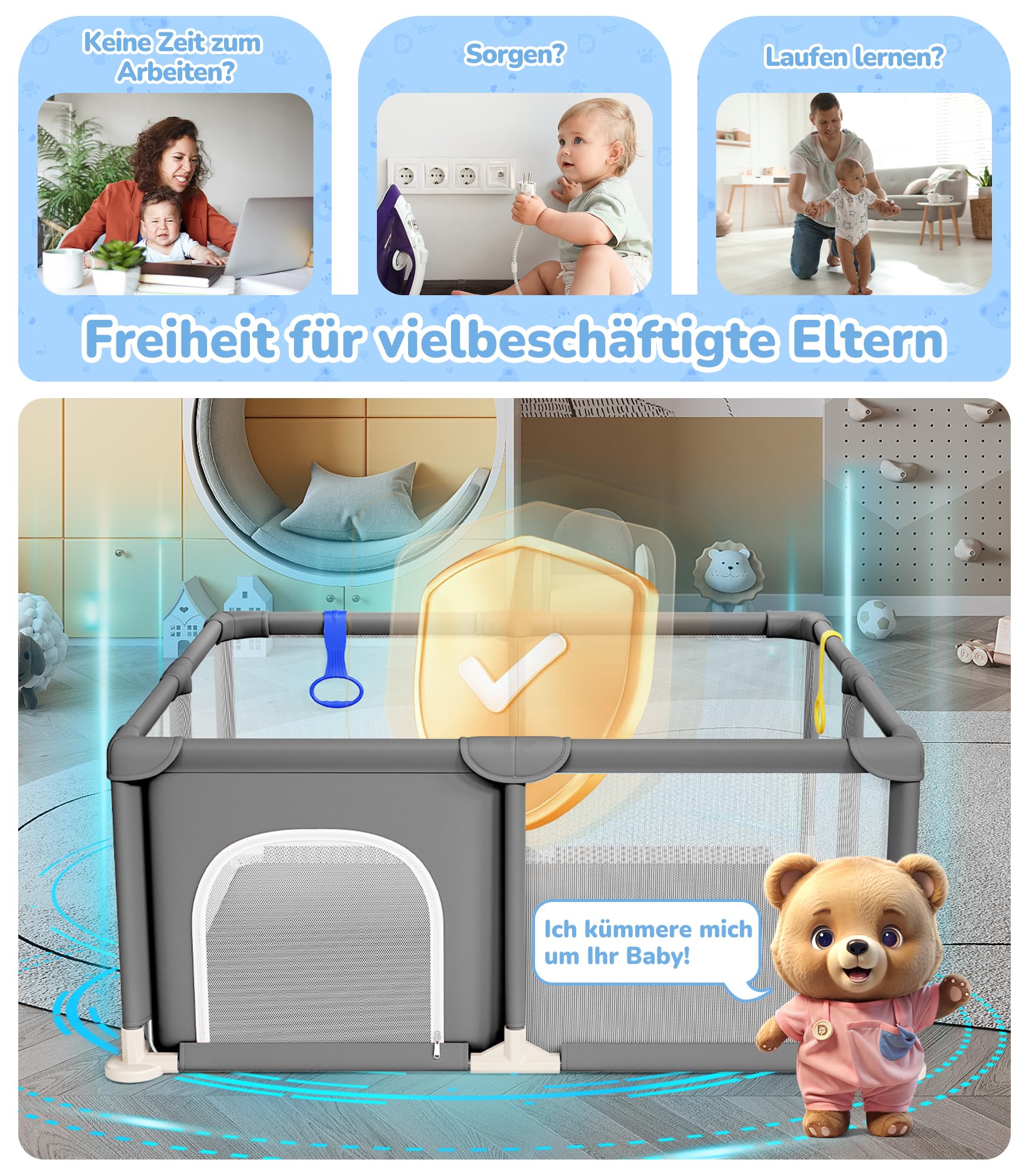 Dripex Laufstall Baby, Kompakter Laufgitter Baby ideal für kleine Räume, Indoor & Outdoor Laufgitter & -Ställe mit Atmungsaktivem Netz & Pull-up Rings, 124x124cm, Dunkelgrau
