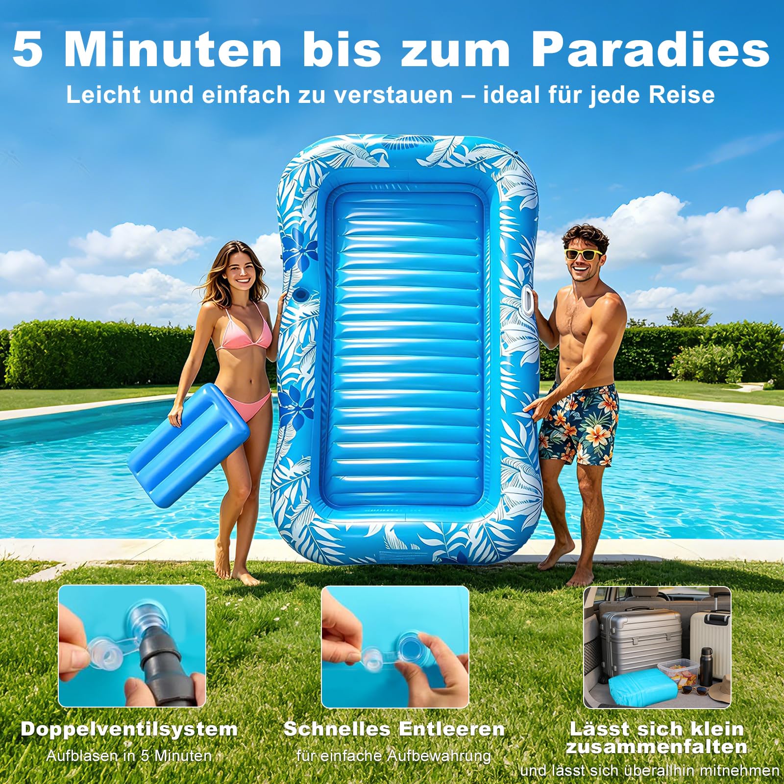 Balakaka Aufblasbare Tanning Pool Groß 208×130cm, 4-in-1-Sonnenliege Sprühfunktion für Party, Aufblasbarer Luftmatratze für Erwachsene mit Handlauf/Kopfstütze Getränkehalter
