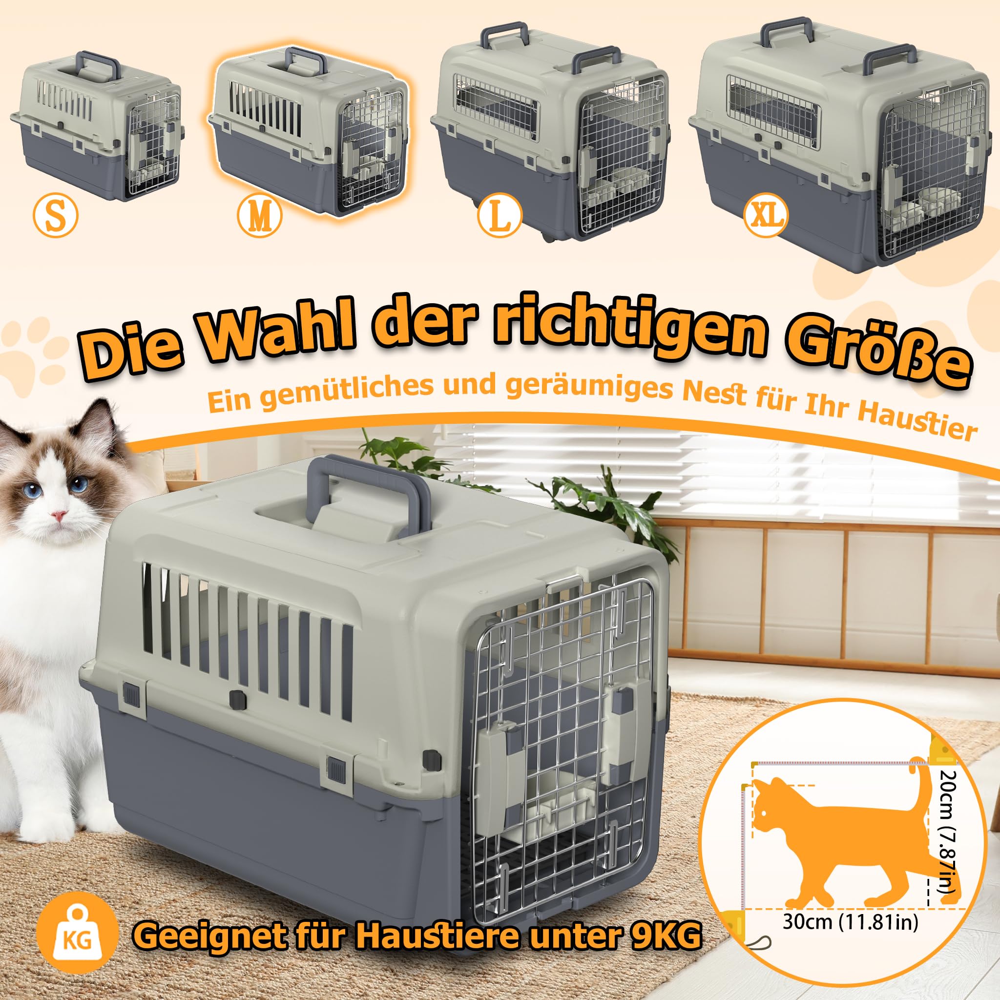 YRHome Boîte de transport pour chiens et chats - Caisse de transport pour les voyages en avion - Avec fenêtre en plastique, porte en fer, bol et plateau à couches et poignée - 60 x 40 x 40 cm - Charge