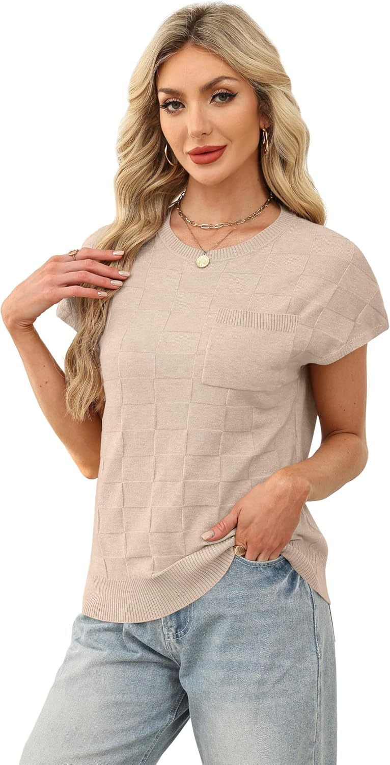 WIHOLL Short Sleeve Sweater for Women Crew Neck Trendy Summer Tops 2026 Travel Business Casual Spring Outfits with Pocket - Image 4