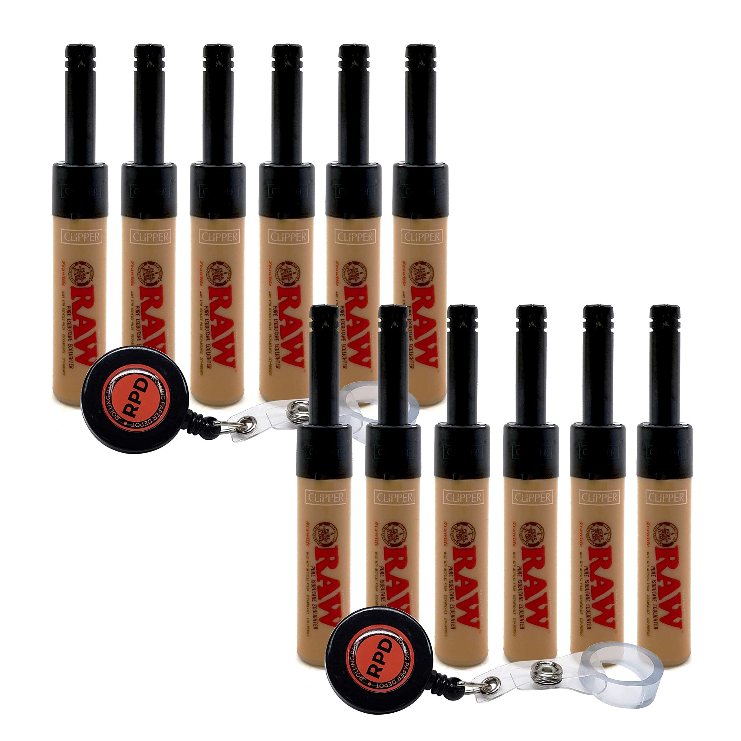 Bundle - 14 Items - Clipper RAW Mini Tube Utility Lighter"Black Tops" (2 Sets/12 Lighters) with 2 Rolling Paper Depot Lighter Lassos