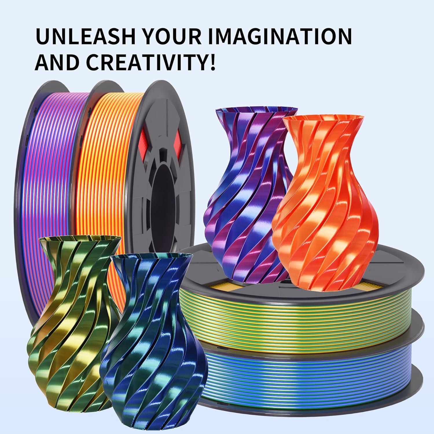 RAMBERY 3D Printer Filament Silk Dual Color PLA Filament 1.75mm +/- 0.02mm, Bicolor PLA 3D Printing Filament Bundle 200 x 4 Spools, Red/Blue, Gold/Red, Blue/Green, Gold/Green