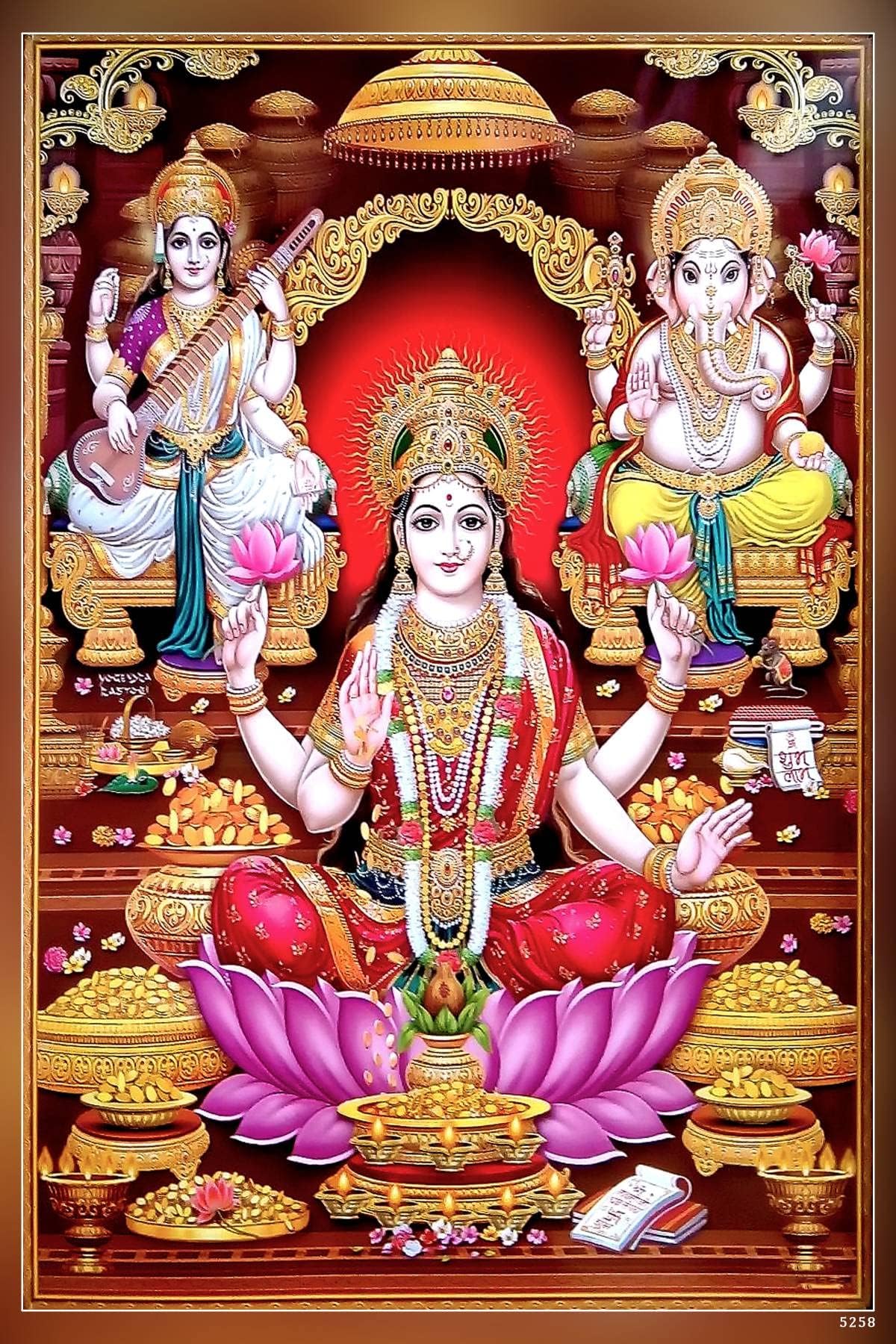PosterHub Shri Lakshmi/Laxmiji/Goddess of Wealth with Ganesha/Ganpati and Saraswati/Ganesh-Laxmi-Saraswathi Poster Matte Finish Paper Print 12 x18 Inch (Multicolor) HS - 5258