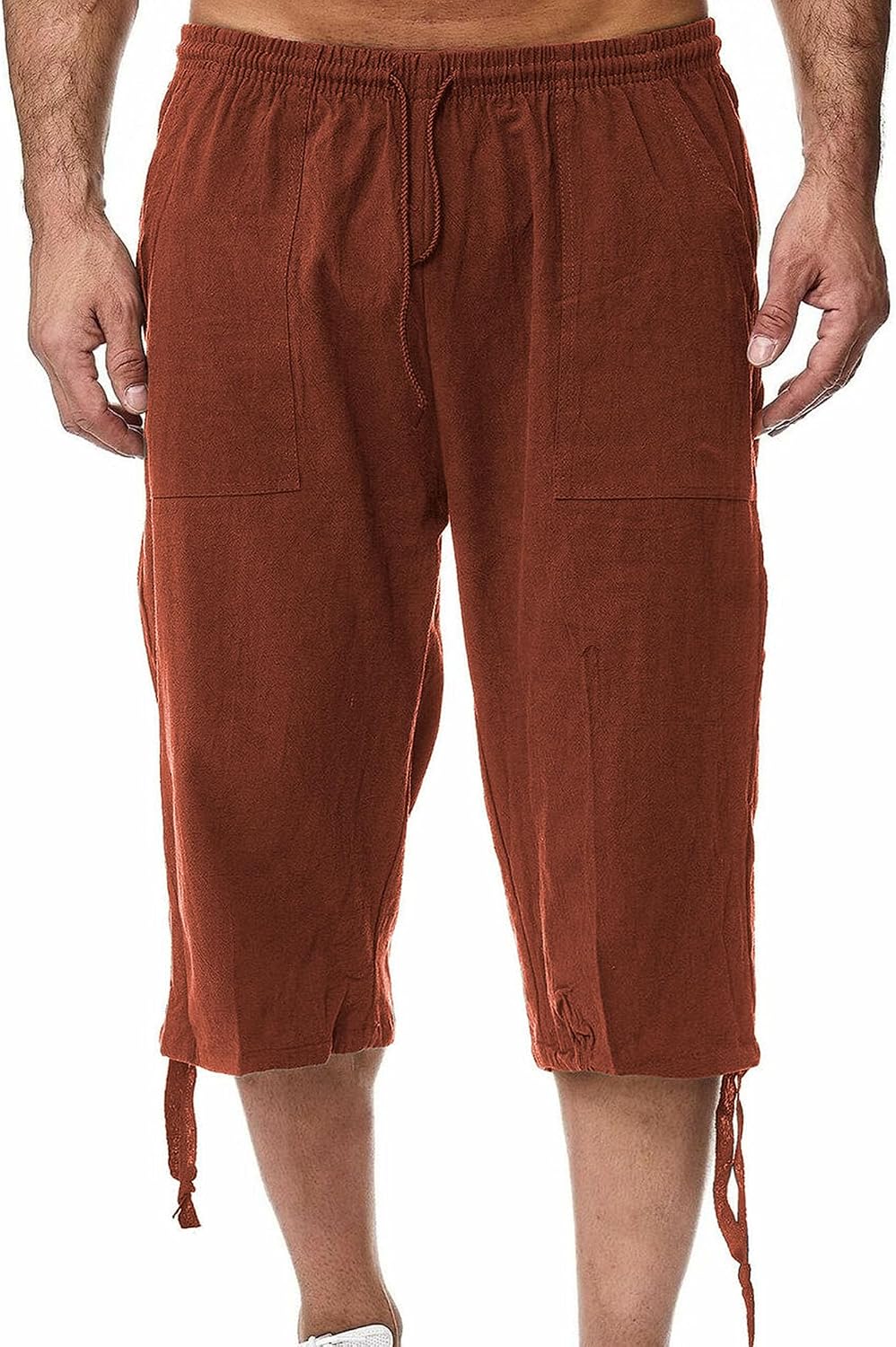 Maiyifu-GJ Men's Cotton Linen 3/4 Long Shorts Elastic Waist Drawstring Beach Shorts Summer Casual Below Knee Short Pants