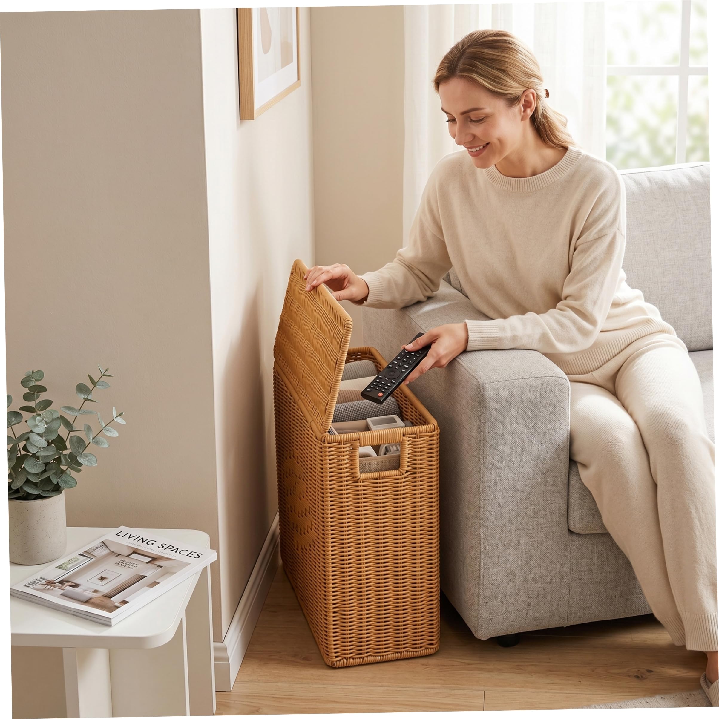 Cesta estrecha cesta tejida a mano con tapa organizador de esquina que ahorra espacio para sala de estar baño y dormitorio 15 × 6 × 10 pulgadas.