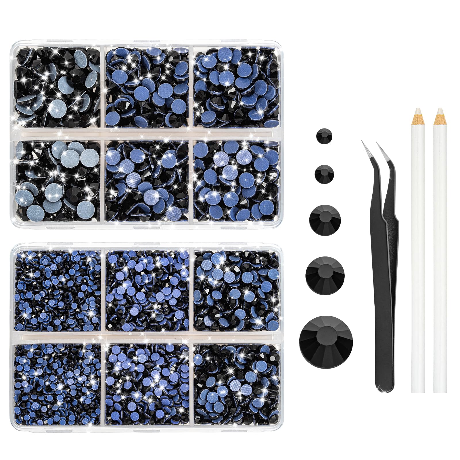 Hotfix Rhinestones, 6600PCS Rhinestones for Bedazzling, 5 Sizes Bedazzle Kit with Wax Pencil and Tweezers, Hotfix Crystals for Crafts Clothes DIY Wedding Decoration (Black)