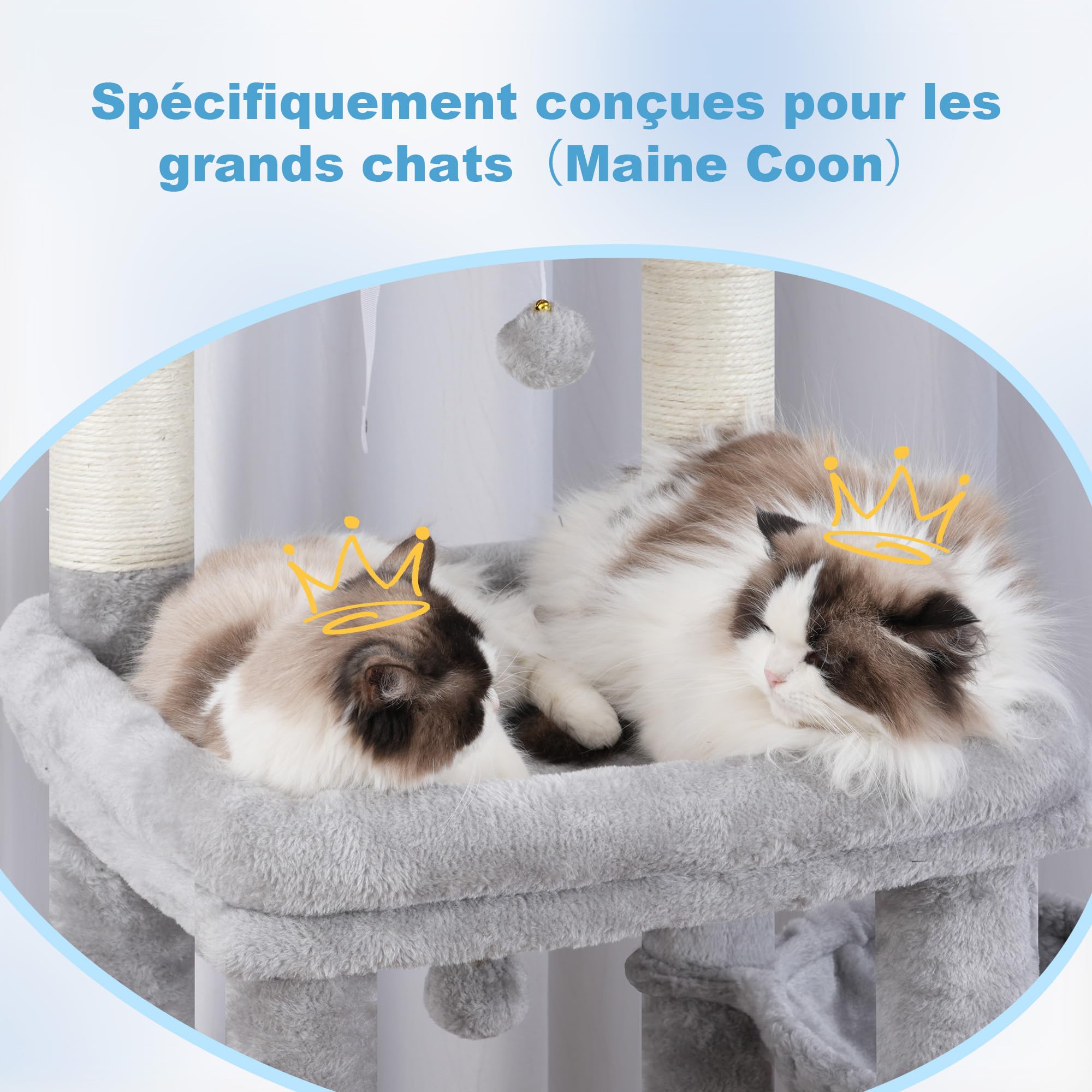Hey-brother Arbre à Chat, Tour de Jeux pour Chats spécifique pour Les Chats Grands et Les Maine Coon, avec 2 Grandes Plateformes, 2 hamacs, Un Grand Niche Un Peigne à toilettage, Gris Clair MPJ070W