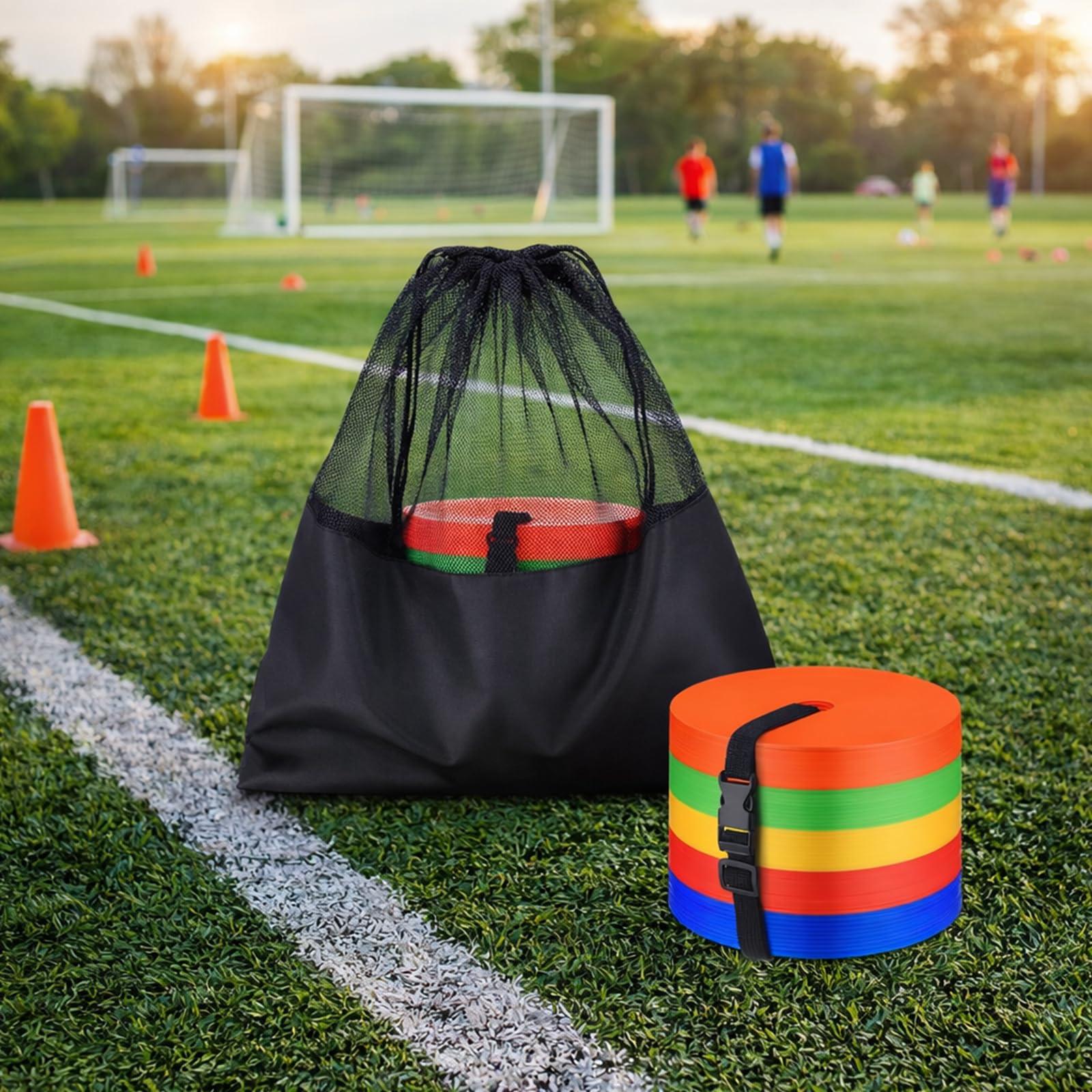 50er Set Markierungsscheiben 15cm, rutschfeste Flache Fußball Hütchen, Bodenmarkierungen Sport Marker Discs mit Tragegurt & Aufbewahrungsbeutel für Agilitätstraining & Schnelligkeit, 5 Farben