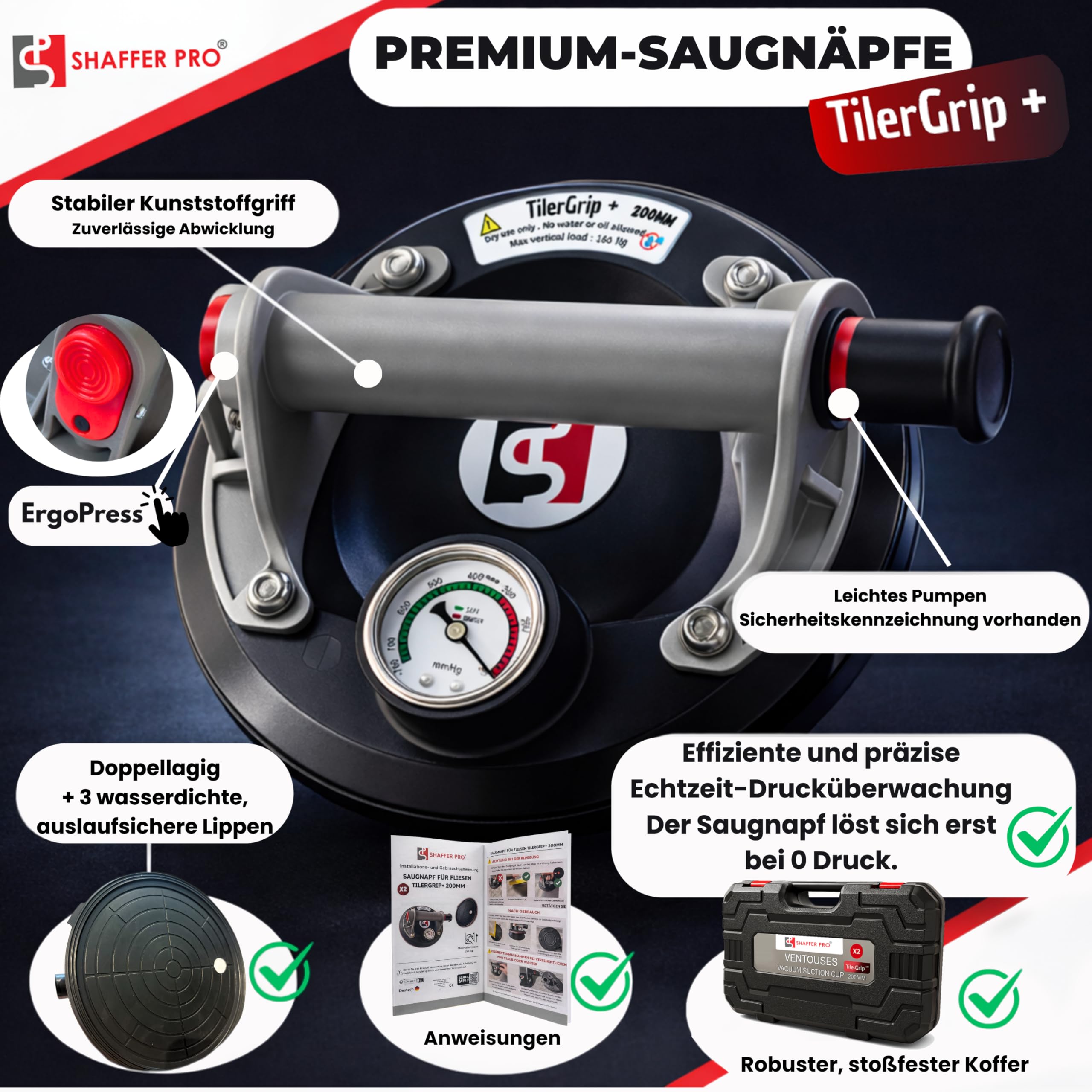 Saugheber Set 2 Stück – Vakuum Glassauger mit Griff – Fliesensaugheber als Hebewerkzeug für Fliesen, Glas, Feinsteinzeug, Granit & Fenster – Tragkraft bis 320 kg