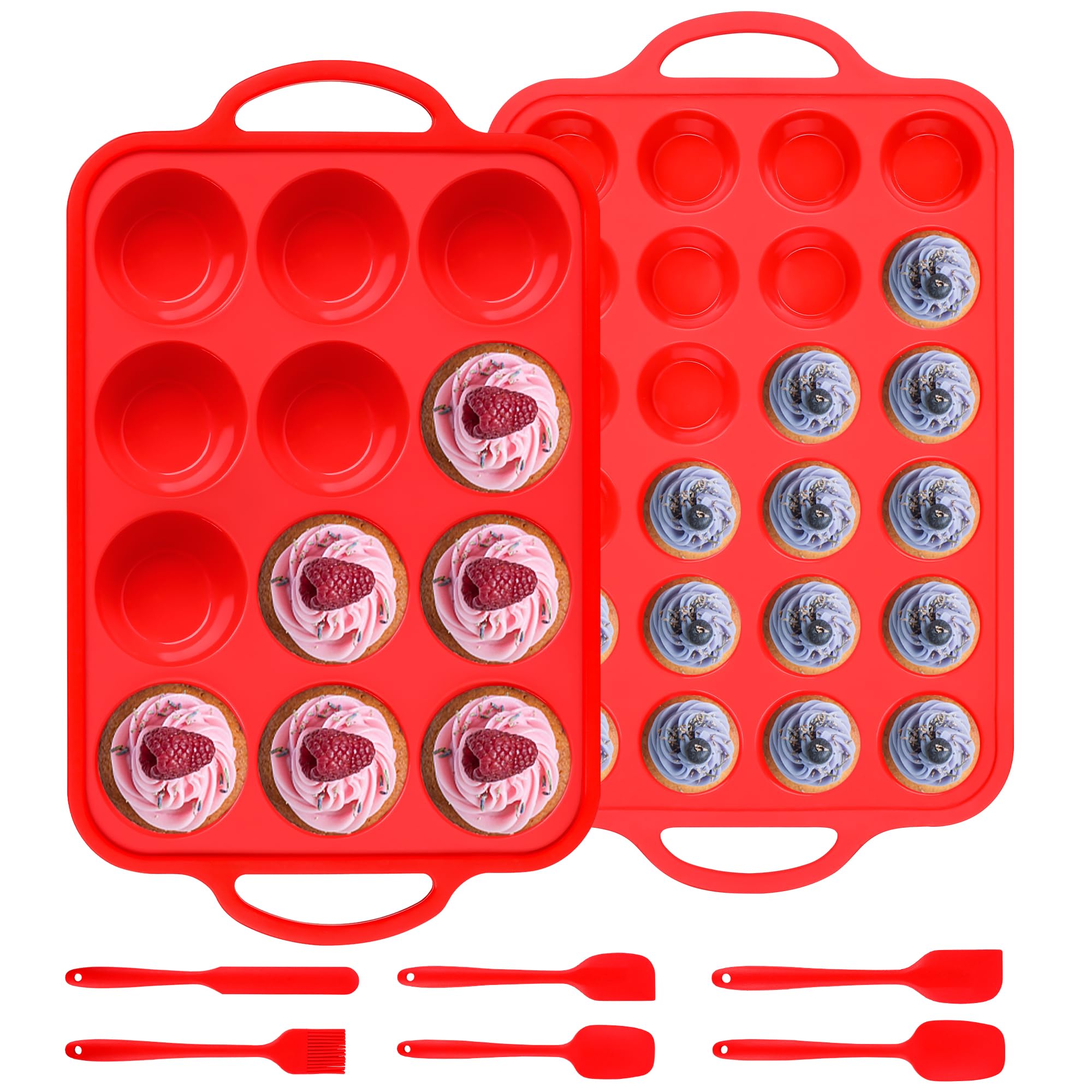 Ensemble de moules à muffins en silicone, 12 moules et mini moules à muffins avec ustensiles, moules de cuisson antiadhésifs avec cadre renforcé en métal, sans BPA