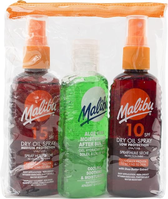 Malibu Sun Travel Essentials, Dry Oil Sprays and Soothing Aloe Vera Aftersun Gel, Medium Protection, Water Resistant, SPF 10 and 15, Multipack, 3 x 100ml