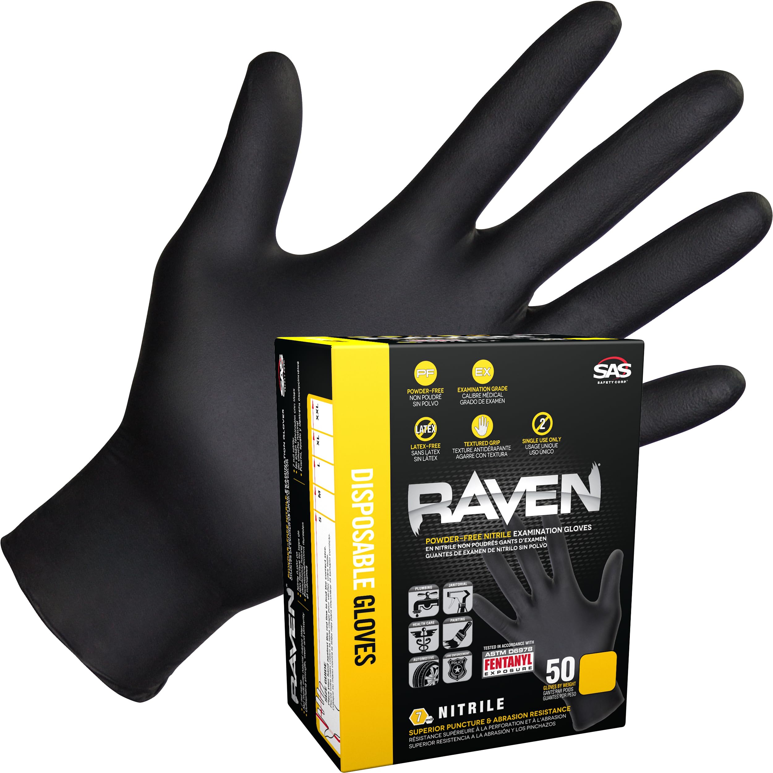 SASRaven Powder-Free Nitrile Disposable Gloves | 12 Boxes / 50 Ct Ea. | 600 Gloves Total | 7 mil - XL | Chemical + Puncture Resistant, Textured Grip | Automotive, Industrial, Janitorial
