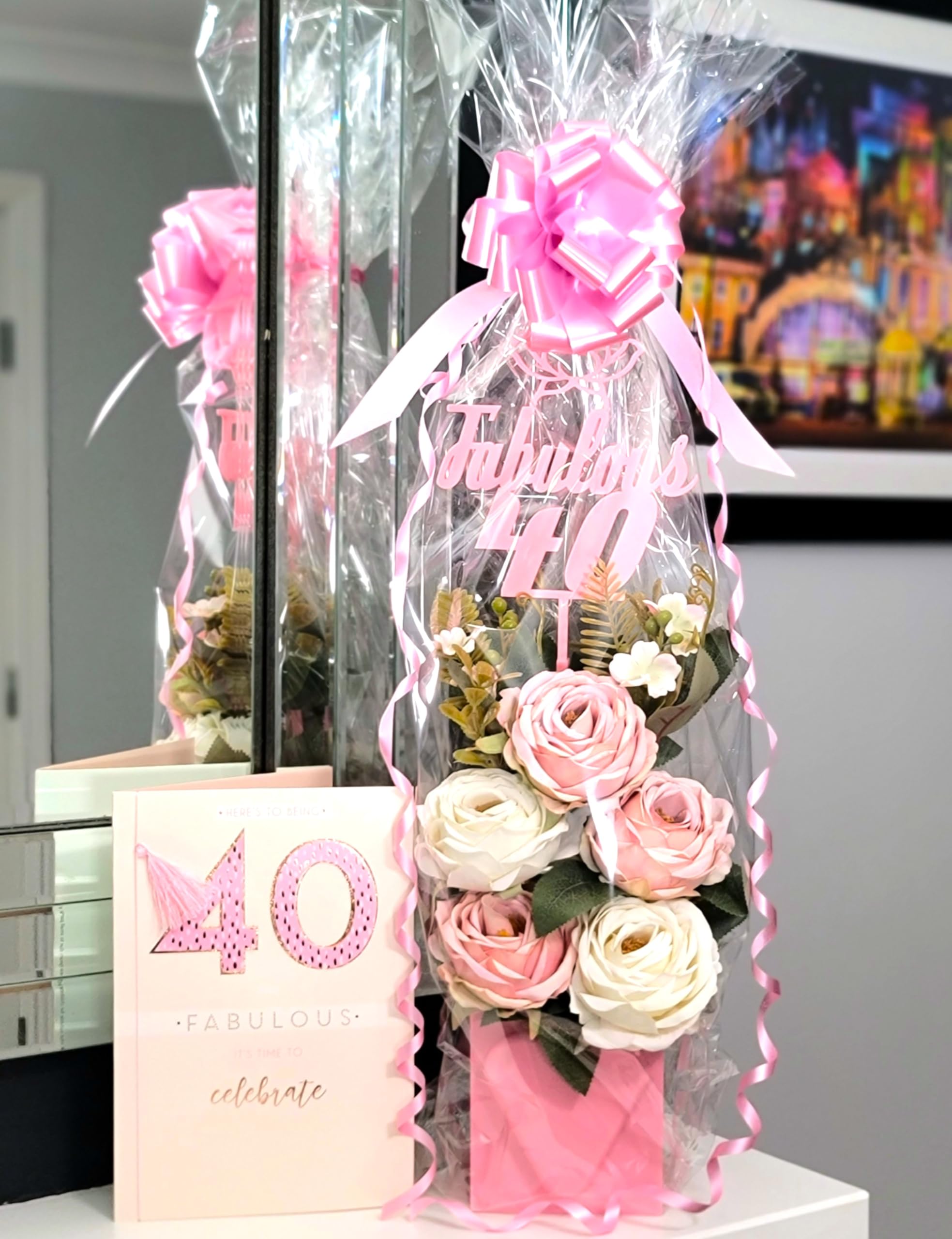 40th Birthday Gifts for Women, Pink Heart Vase with Vintage Cream and Pink Artificial Flowers, Fabulous 40 Decal. Birthday Card Included.