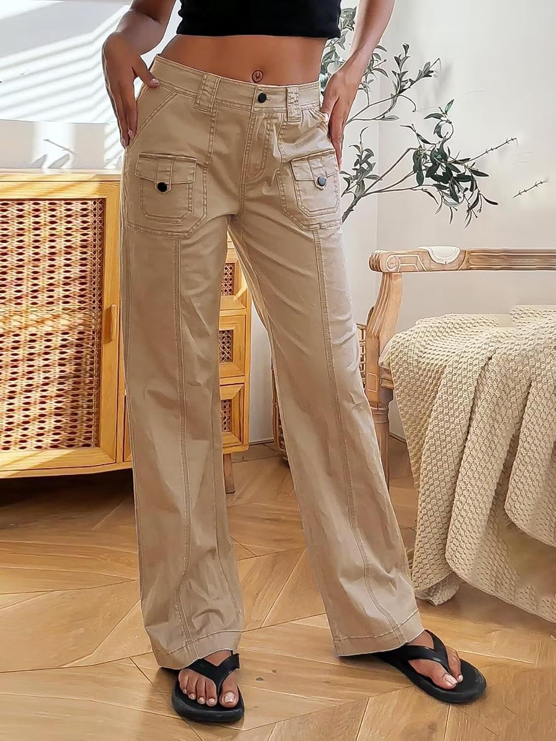 Flamingals Wide Leg Bootcut Cargo Pants for Women Casual Mid Waist Flap Pocket Seam Front Work Dress Pants Without Belt - Image 2