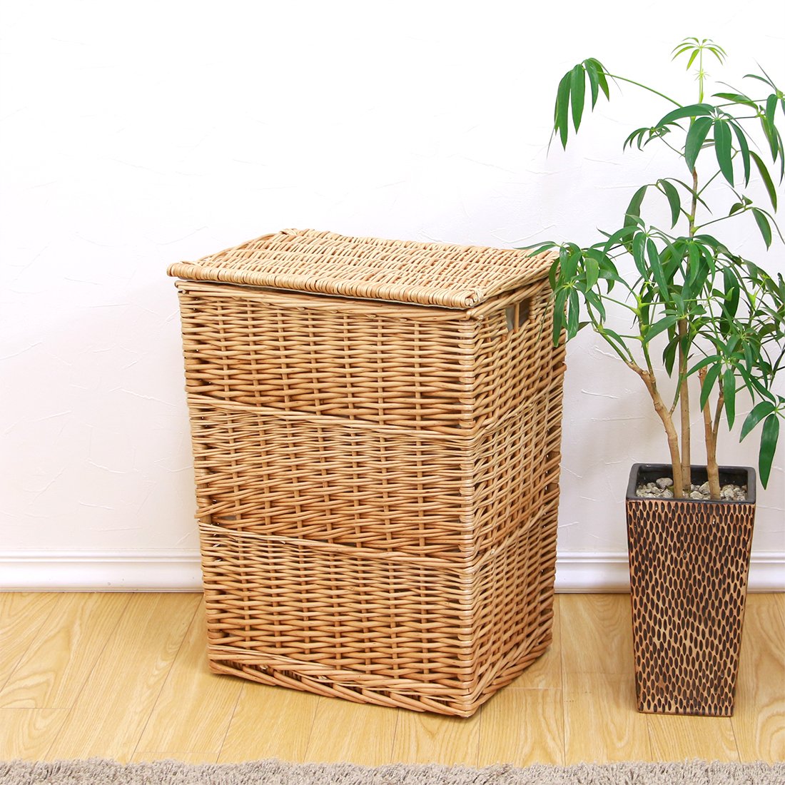 Amazon.co.jp: フタ付きかご収納バスケット 縦長 長方形 Lサイズ 内布