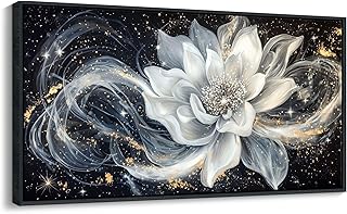 QZQCBLC Black and White Floral Wall Art, Abstract Lotus Flower Framed Canvas Painting White Gold Petals Modern Pictures Artwork for Living room Bedroom kitchen Bathroom Home Office Decor 20x40 IN - Buy now