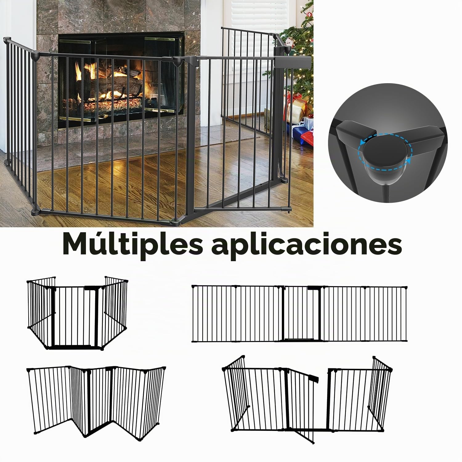 Rejilla protectora para chimenea con puerta, 310 cm, protección animal y seguridad infantil, incluye 5 elementos, parque plegable, color negro