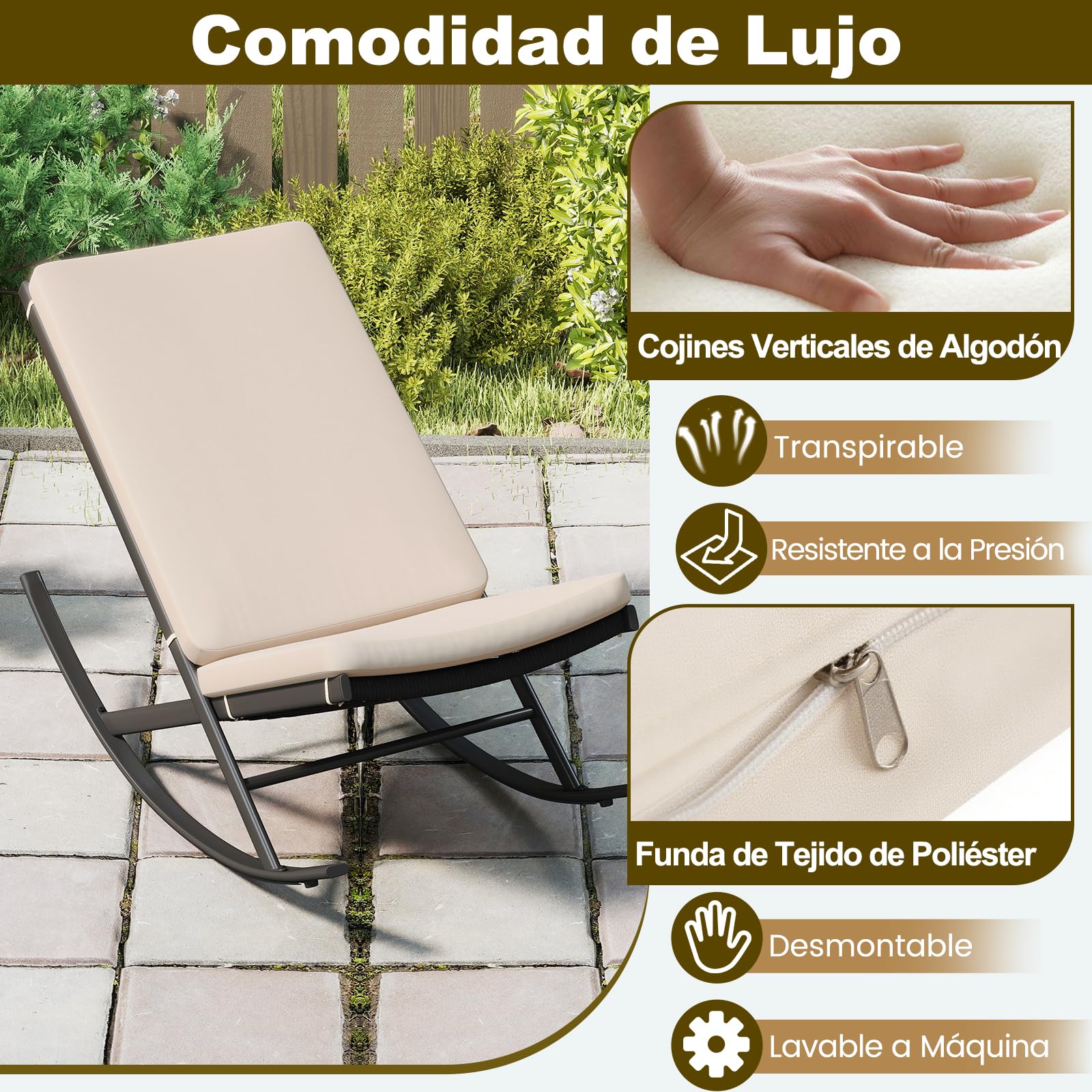 GIANTEX Juego de Muebles de Jardín 3 Piezas, 2 Sillones Mecedoras de Ratán PE, Mesita de Café Redonda, Asiento con Cojín, Conjunto de Conversación para Patio, Balcón, Terraza