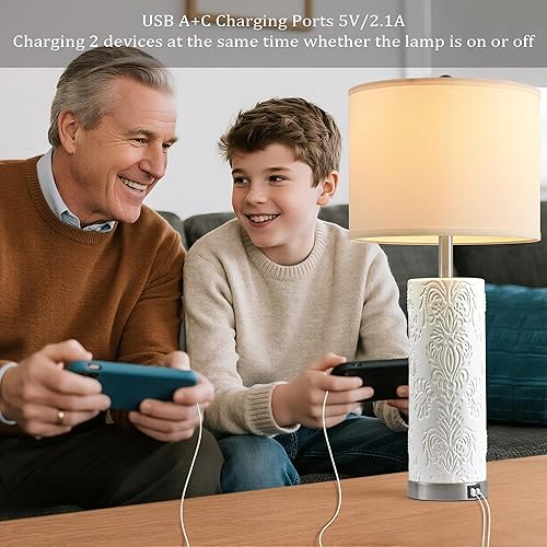 Miniatura 3 de Juego de 2 lámparas de mesa de vidrio de 28.3 pulgadas, lámparas de mesita de noche para dormitorio con puertos USB C+A, lámparas plateadas para