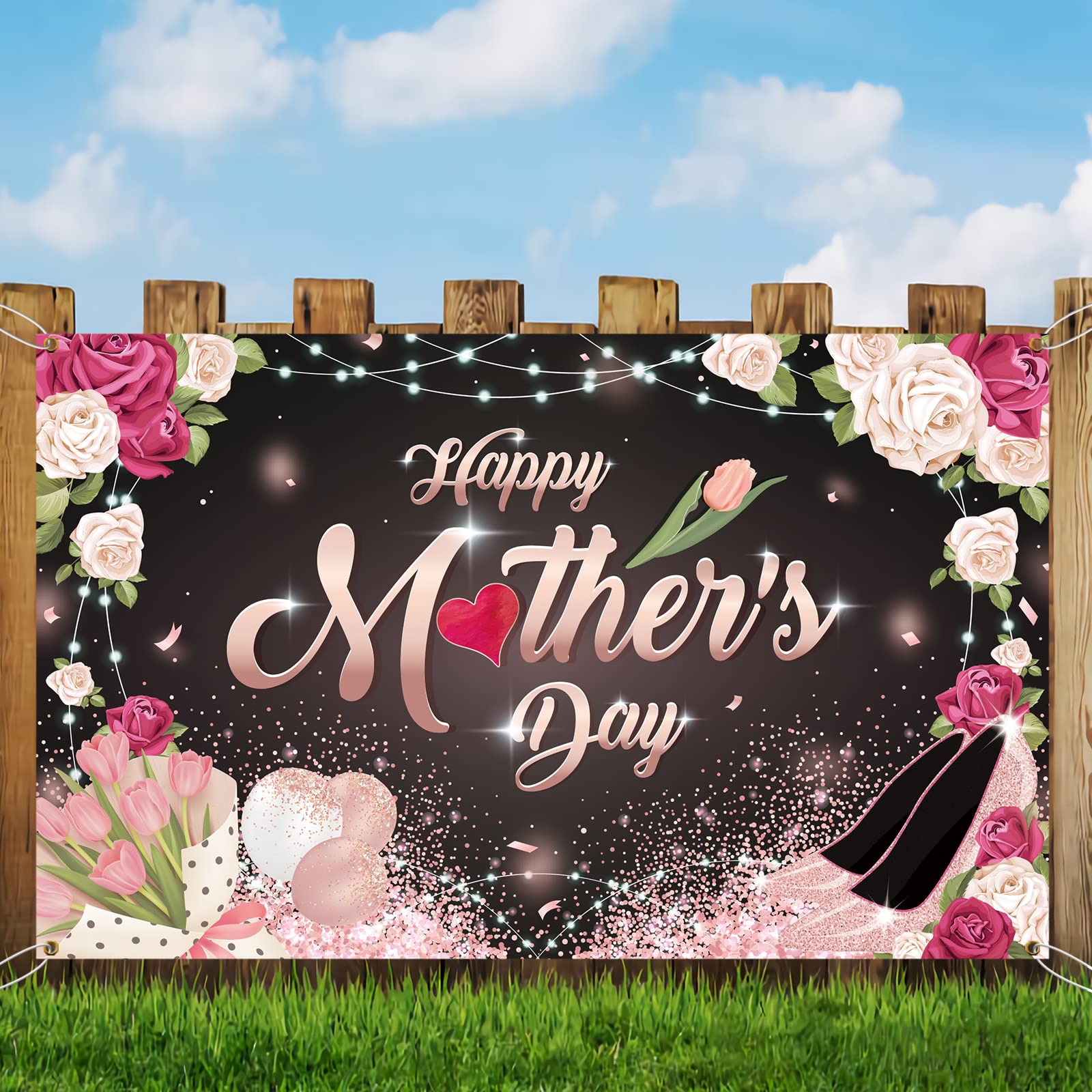 MELTELOT Purple Happy Mother's Day Backdrop Banner - Rose Heart Design, 6x4 Feet | Party Decoration Yard Sign Hanging Banner