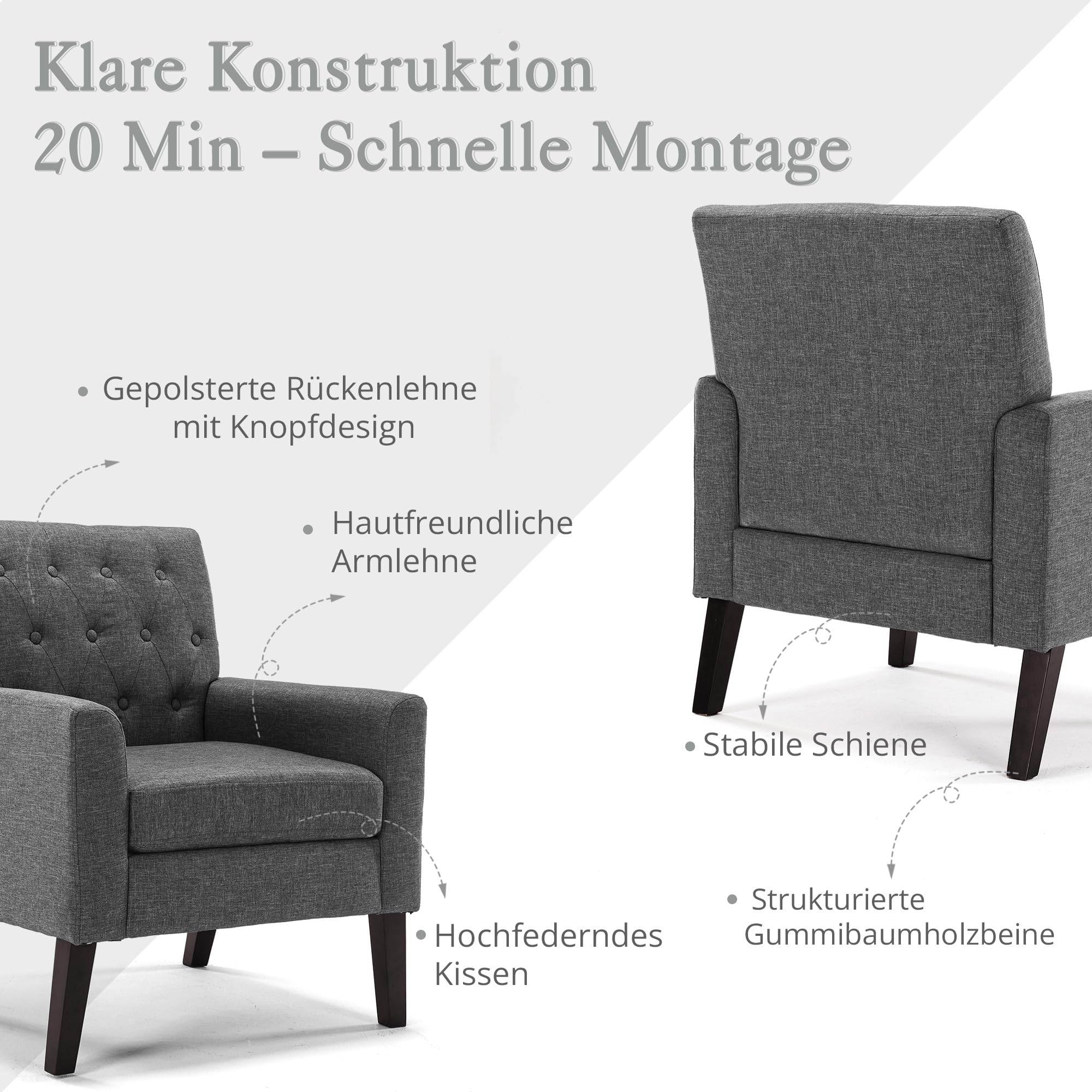 LUE BONA Ohrensessel Sessel Wohnzimmer, Polstersessel, Armchair, Modern Loungesessel mit Knopfsteppung, Lesesessel für Wohnzimmer, Schlafzimmer, Esszimmer, Leinenoptik, Dunkelgrau