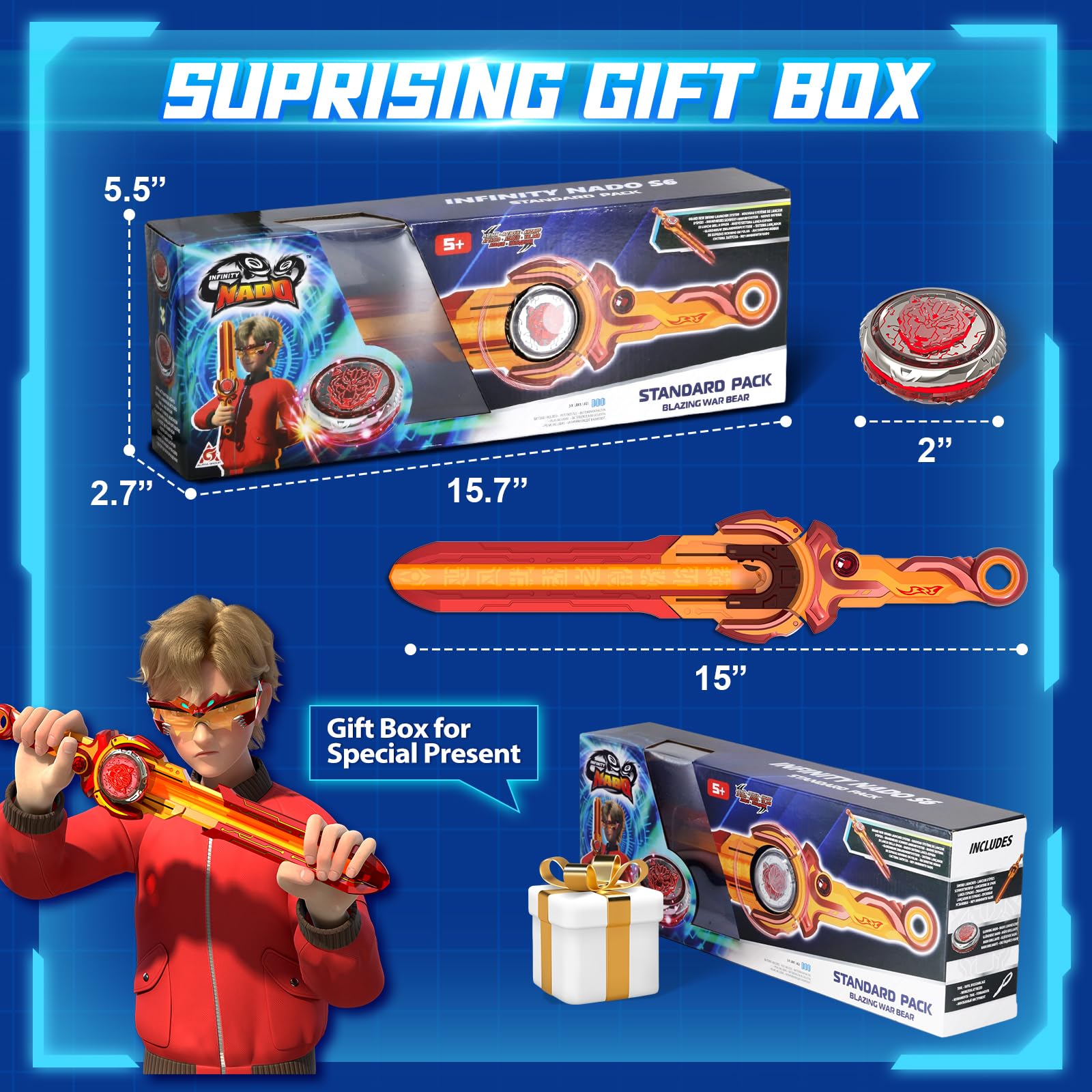 INFINITY NADO trottola metallica, con lanciatore a spada, trottola luminosa, adatta a bambini e bambine dai 5 ai 10 anni e oltre, Blazing War Bear, rosso.