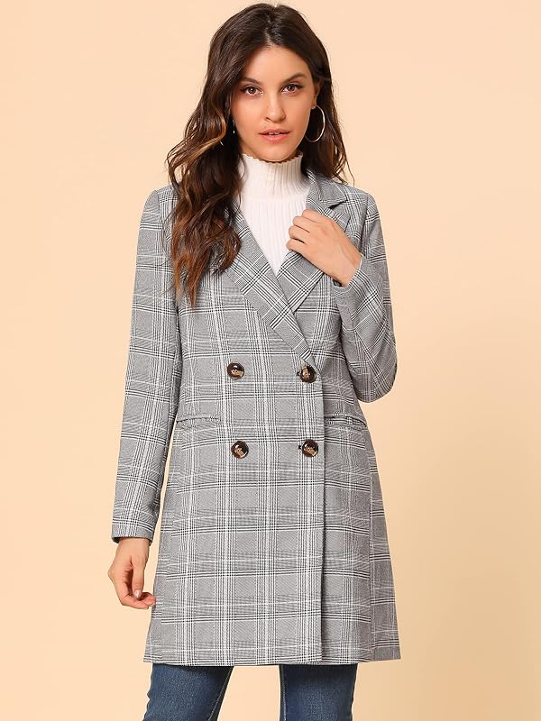 Allegra K Women's Double Breasted Notched Lapel Plaid Trench Blazer Coat Large White Black by Allegra K - Used condition - Image 5
