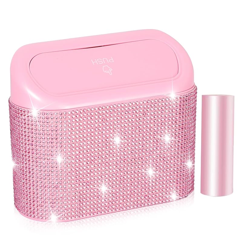 Lixeira Automotiva NBTEPEM com Tampa, Gancho e Detalhes de Strass Rosa Diamond, 18,2 L com 30 Sacos