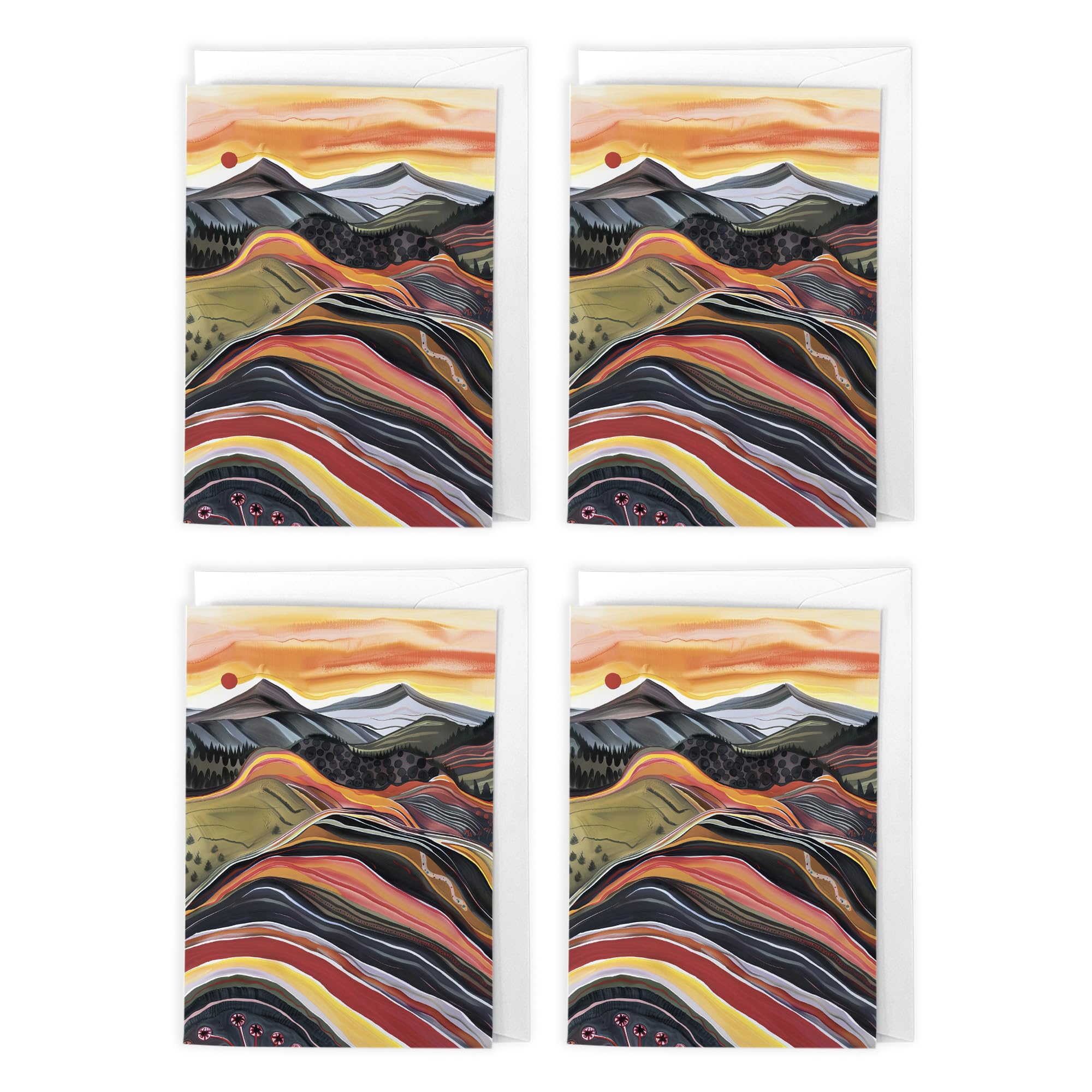 Cairngorm Mountains Folk Art Landscape Art Cards Multipack of 4 Scottish Scenic Greeting Cards For Any Occasion, Blank Inside For Your Message, A6 Size 10 x 15 cms