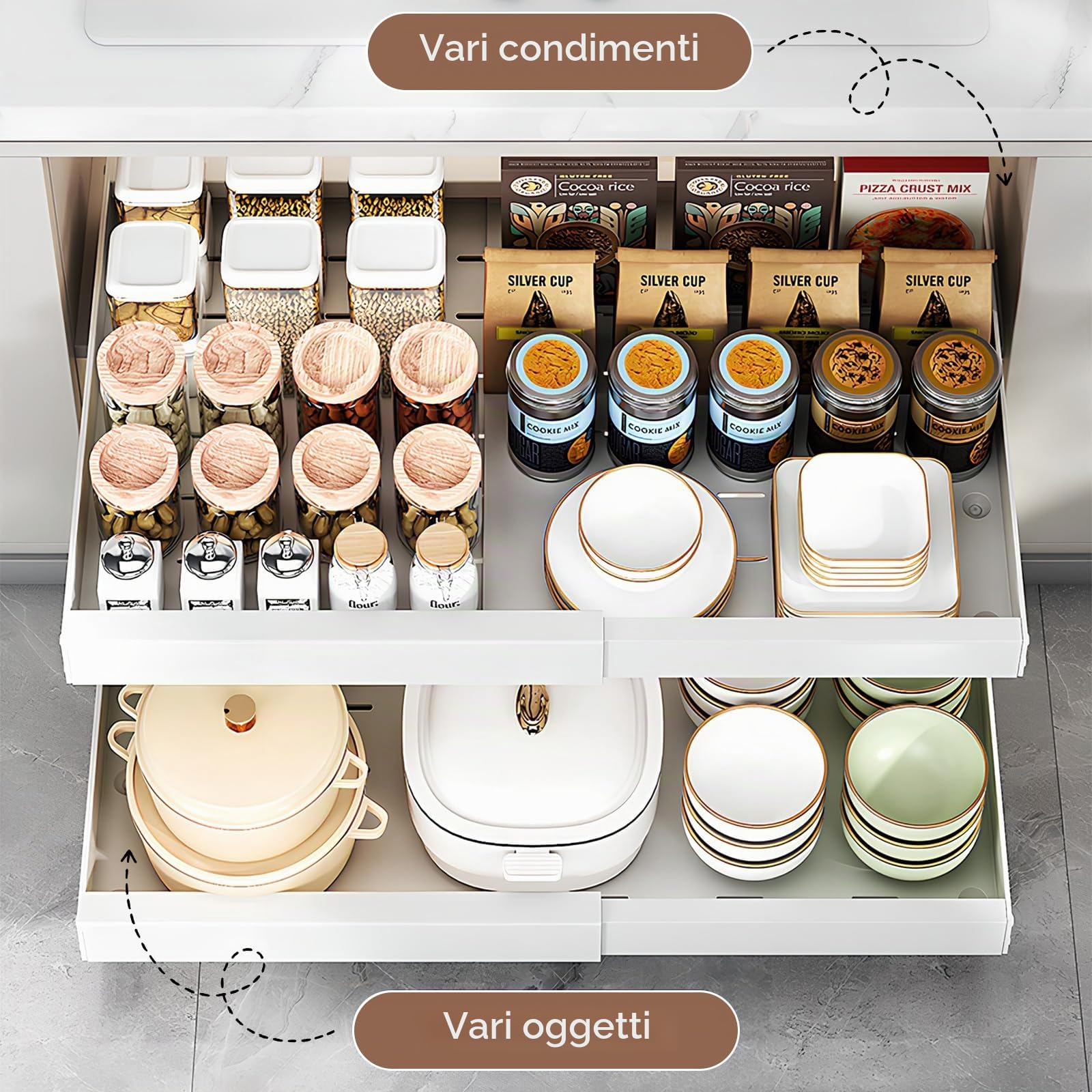 Dokeno 2 cassetti telescopici con colla, organizer per cabinet estraibile, larghezza regolabile (32-52 cm), cassetti per mobili da cucina, organizer per armadio espandibile per cucina, bagno (bianco)