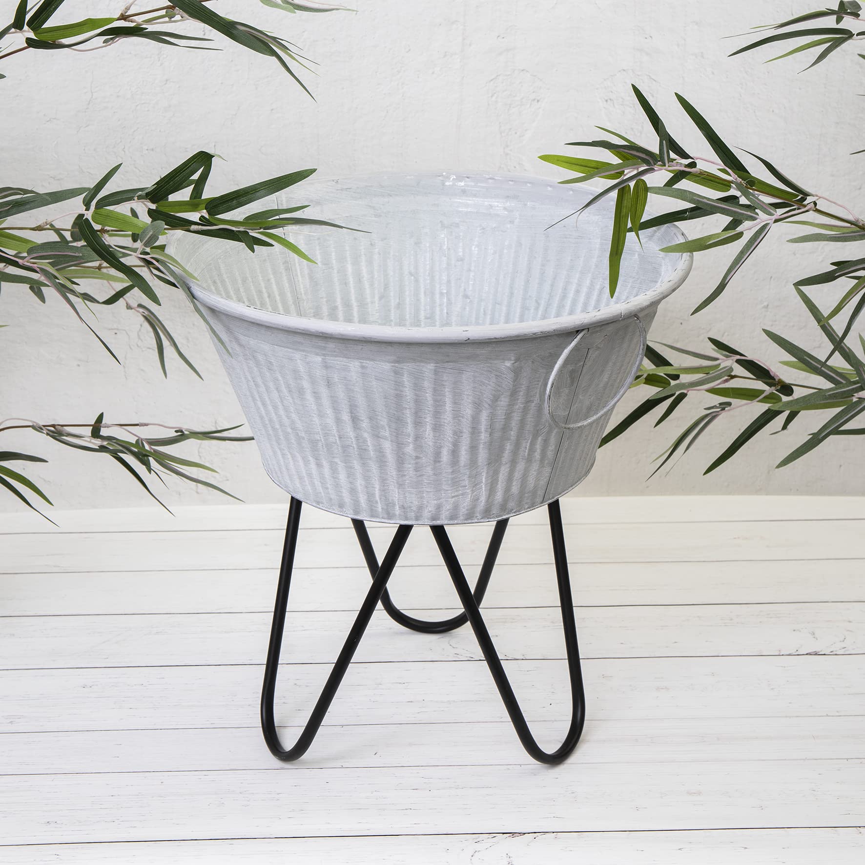 Annibells Ribbed Garden Planter Grey Metal Round Zinc Plant Flower Pot Pin Leg Stand Decor (Large)