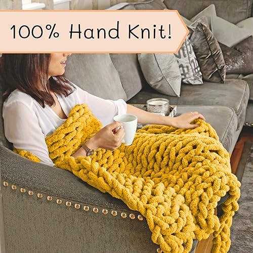 Miniatura 3 de Adyrescia - Cobija de punto grueso, tejida 100 % a mano con hilo jumbo de felpilla, 102 x 127 cm, color amarillo cosecha