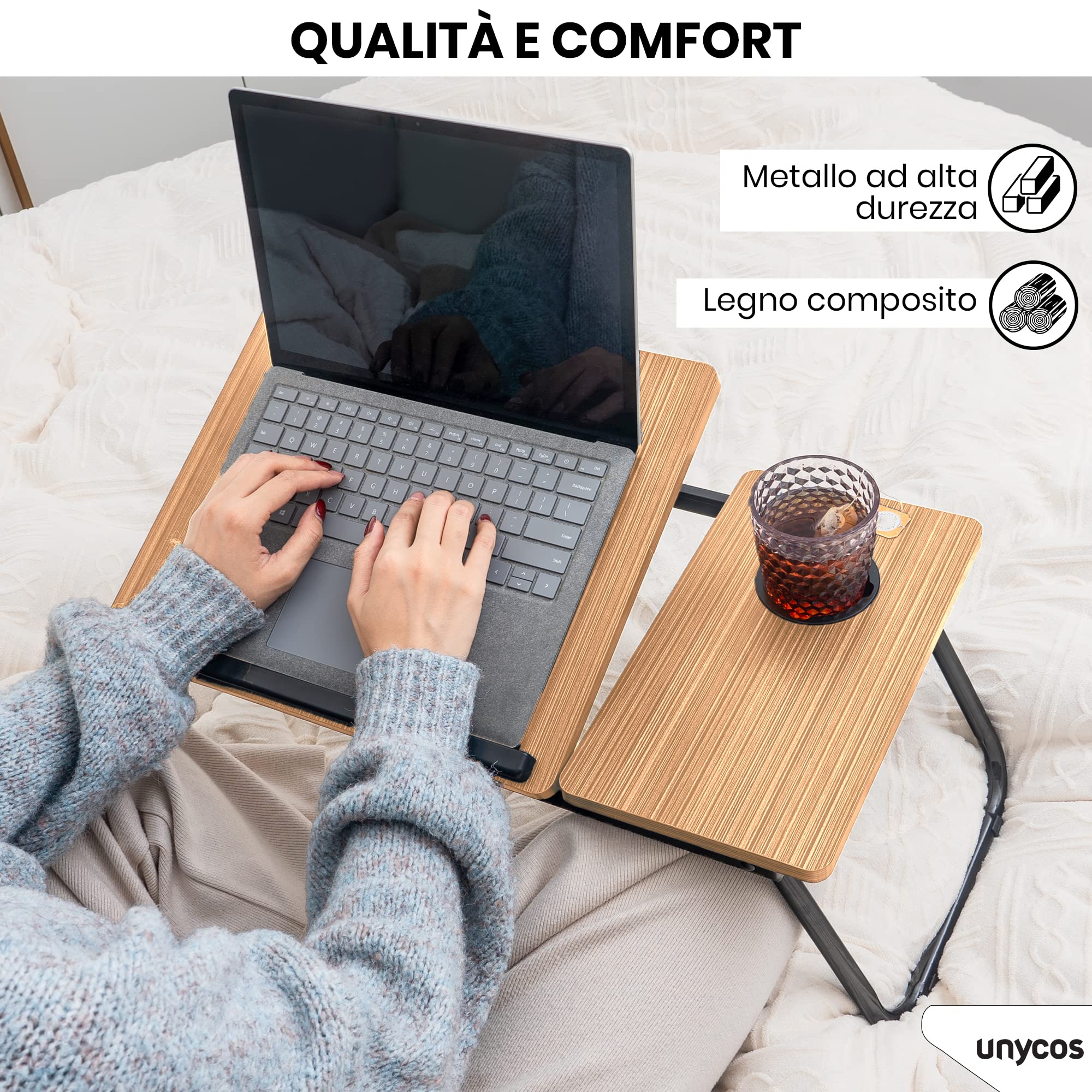 unycos - Vassoio per la Colazione e da Letto, Tavolo Pieghevole PC Portatile【Fino a 15,6"】56x33x23cm (22,04"x12,99"x9,05") 5 Livelli di Inclinazione, Leggio e Slot per Tazza, Supporta 20 kg (Noce)