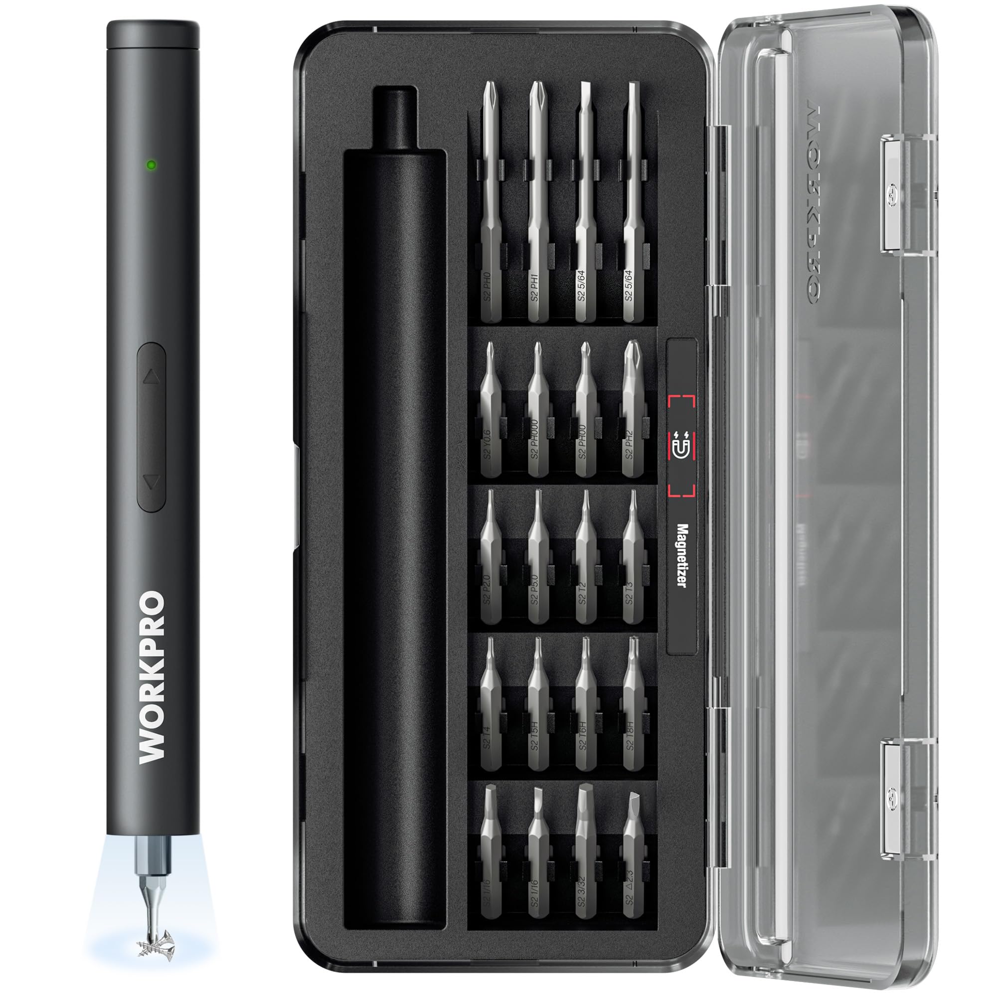 WORKPRO 20-in-1 Mini Electric Screwdriver with Magnetizer S2 Steel Bits 3 6V Rechargeable Precision Screwdriver Set for Electronics