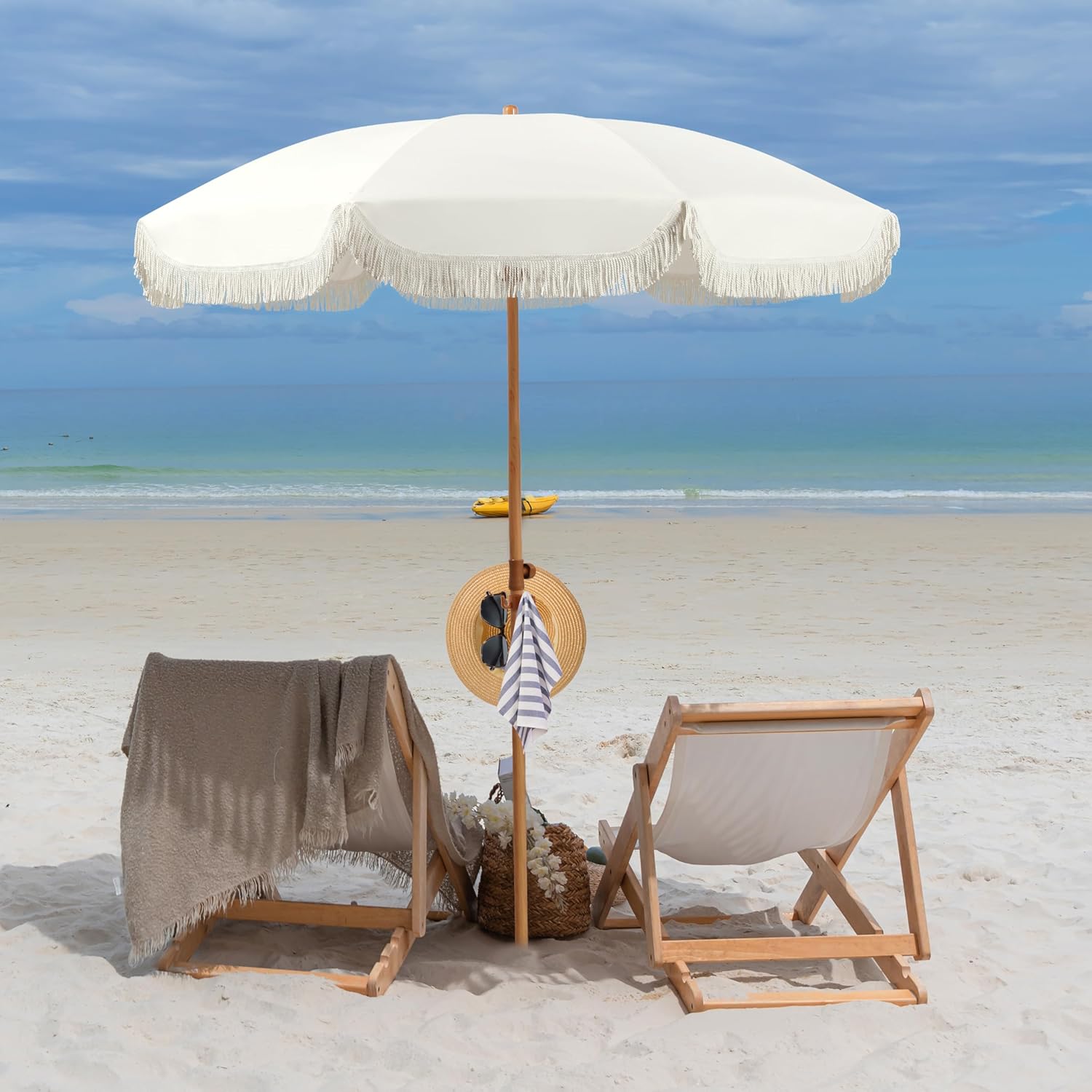 6.5ft Patio Umbrella with Fringe, Beach Umbrella, Fringe Umbrella Outdoor Patio with Hanging Hook, Tilting Aluminum Pole, UV 50 , Fiberglass Ribs, Elegant Cream